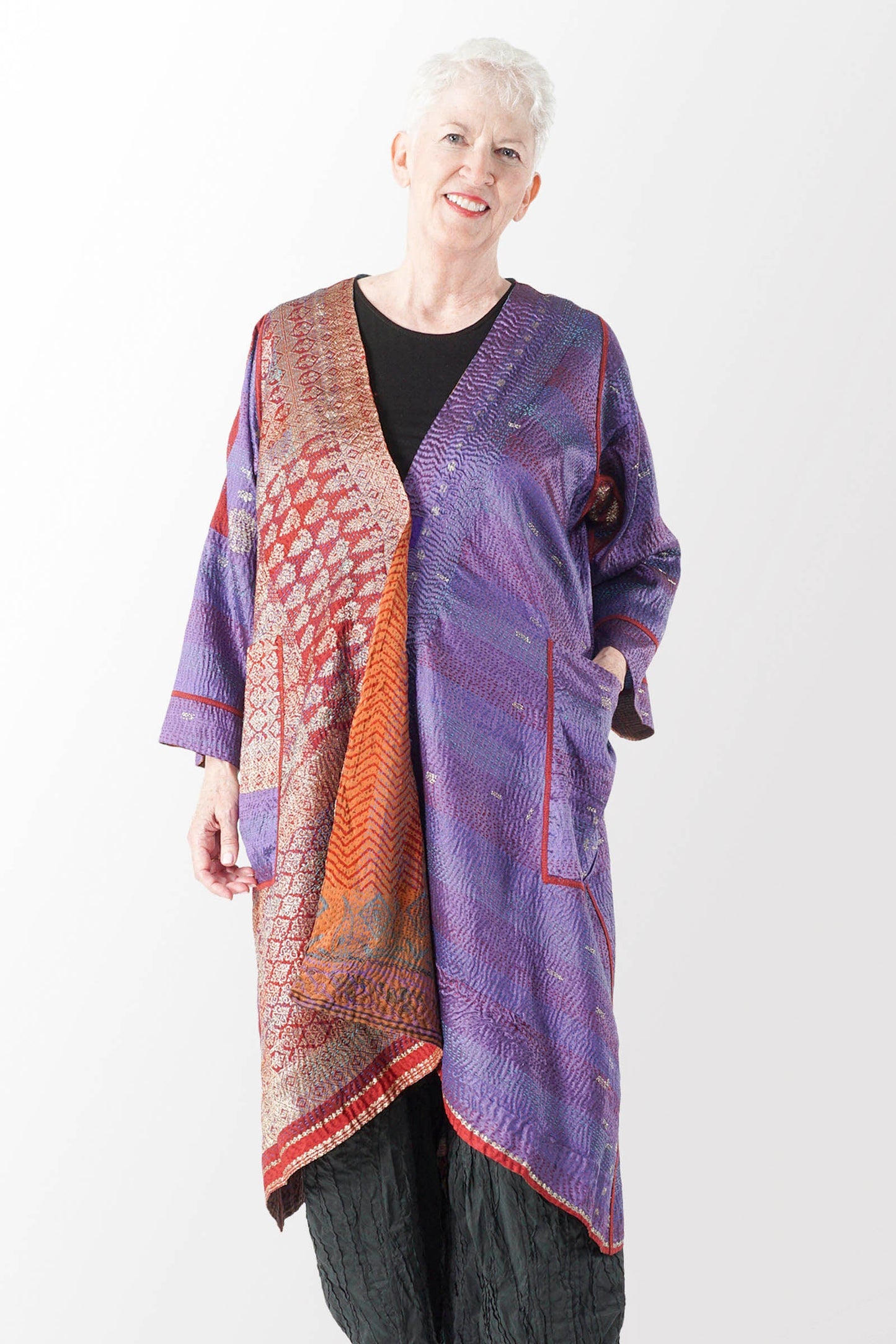 VINTAGE SILK GEORGETTE KANTHA WRAP FLARE COAT - sg2330-0001a -