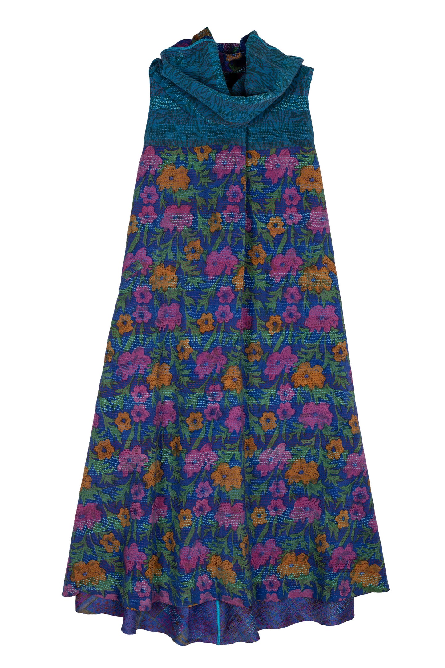 VINTAGE SILK GEORGETTE KANTHA COWL NECK MAXI DRESS - sg2438-0003m -