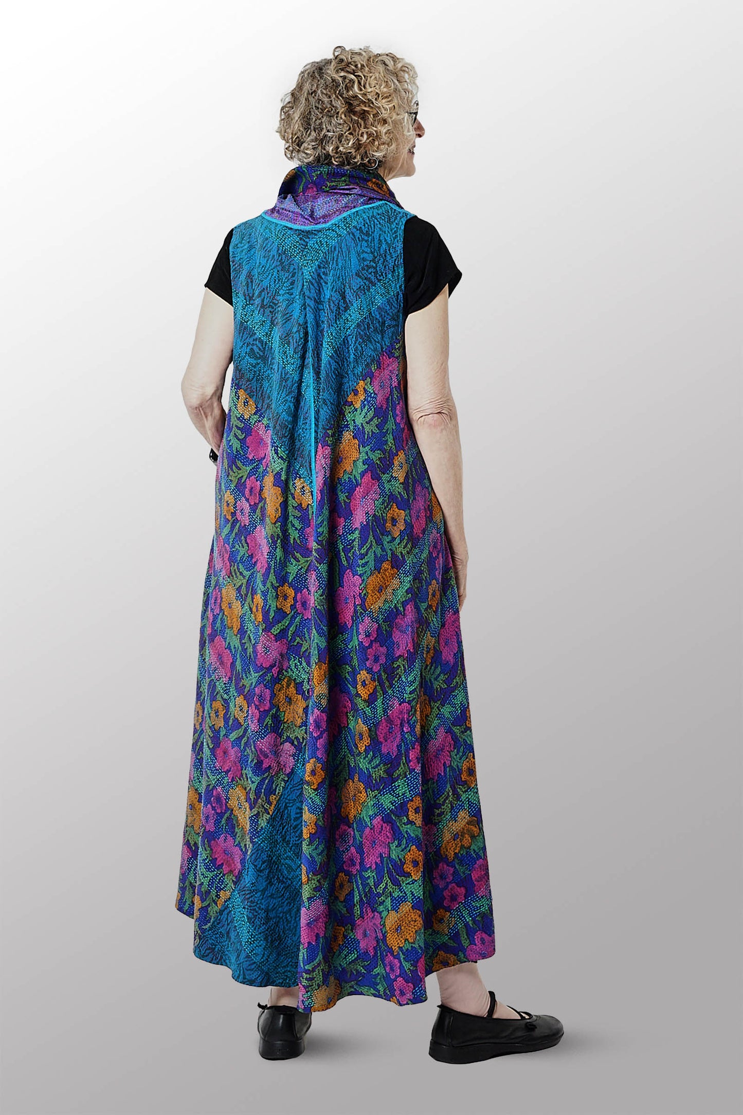 VINTAGE SILK GEORGETTE KANTHA COWL NECK MAXI DRESS - sg2438-0003m -