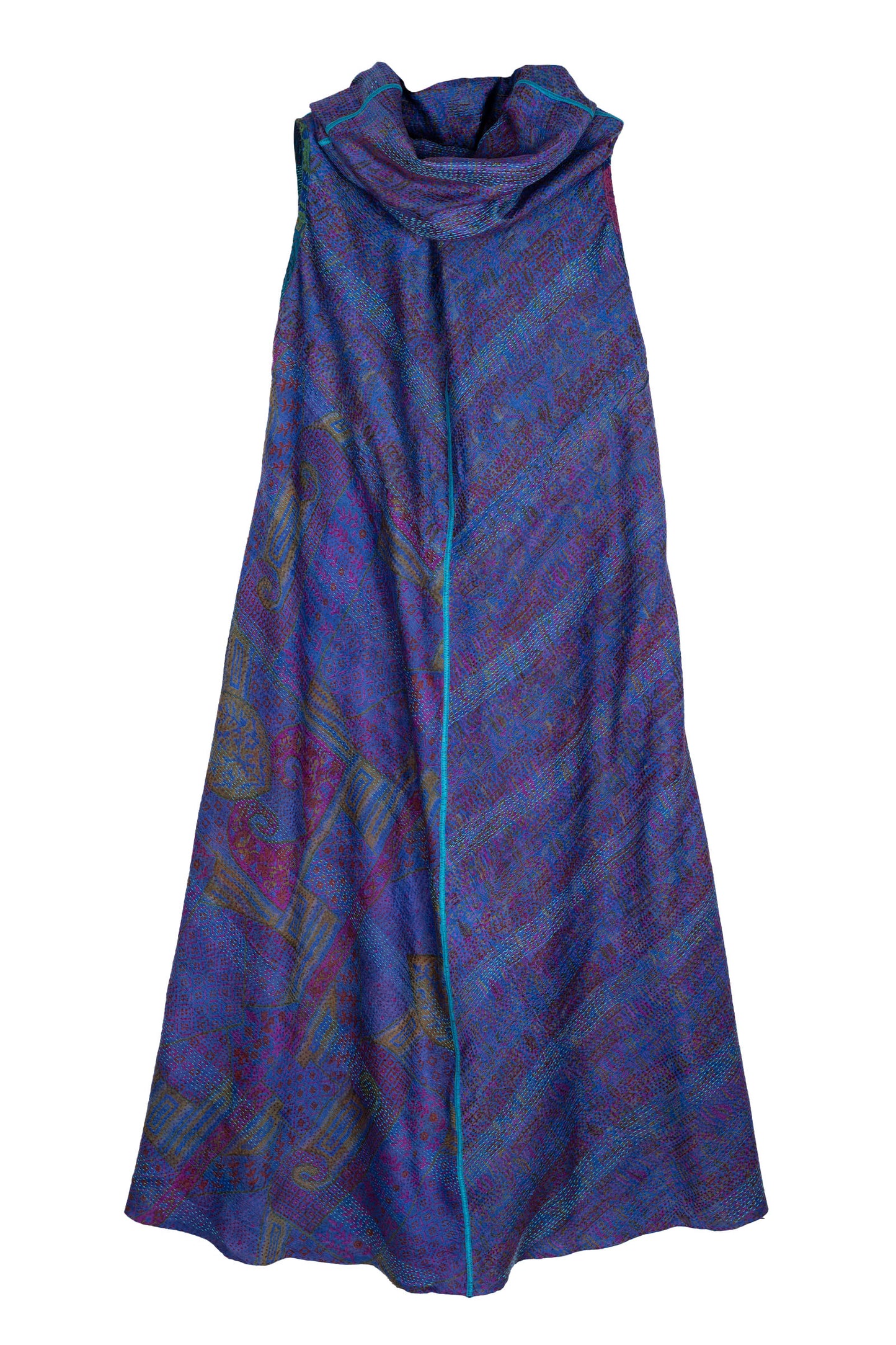 VINTAGE SILK GEORGETTE KANTHA COWL NECK MAXI DRESS - sg2438-0003m -