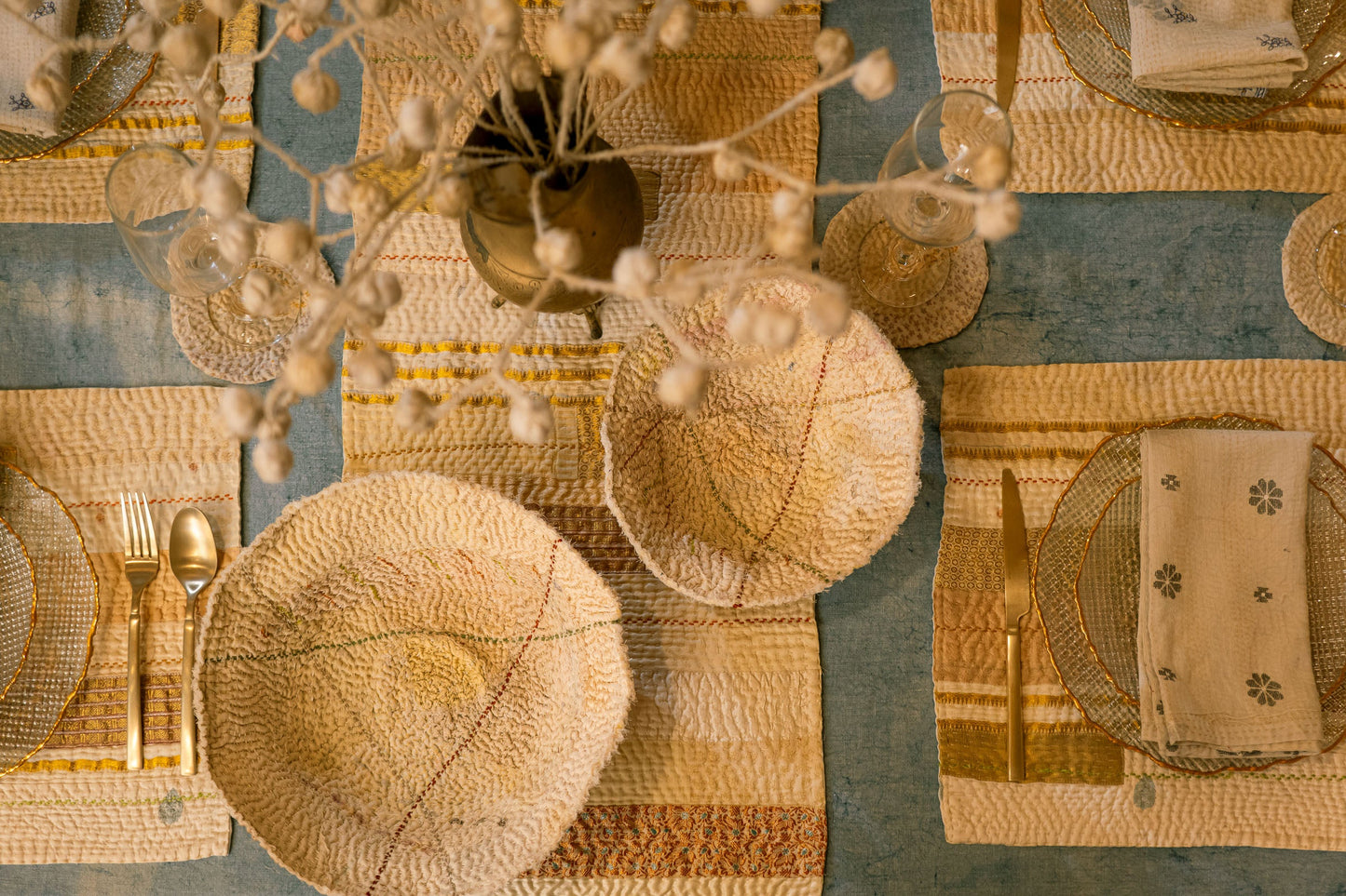 Handcrafted Kantha(metallic kantha) -Shallow Bowl - Ivory