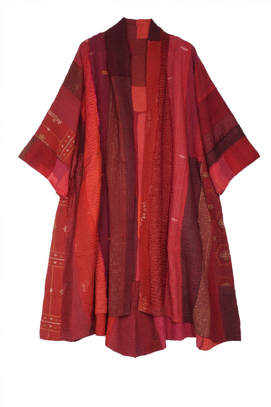 STRIPE AND CHECK COTTON SILK PATCH KANTHA 3/4 SLV. A-LINE DUSTER - ss4324-red -