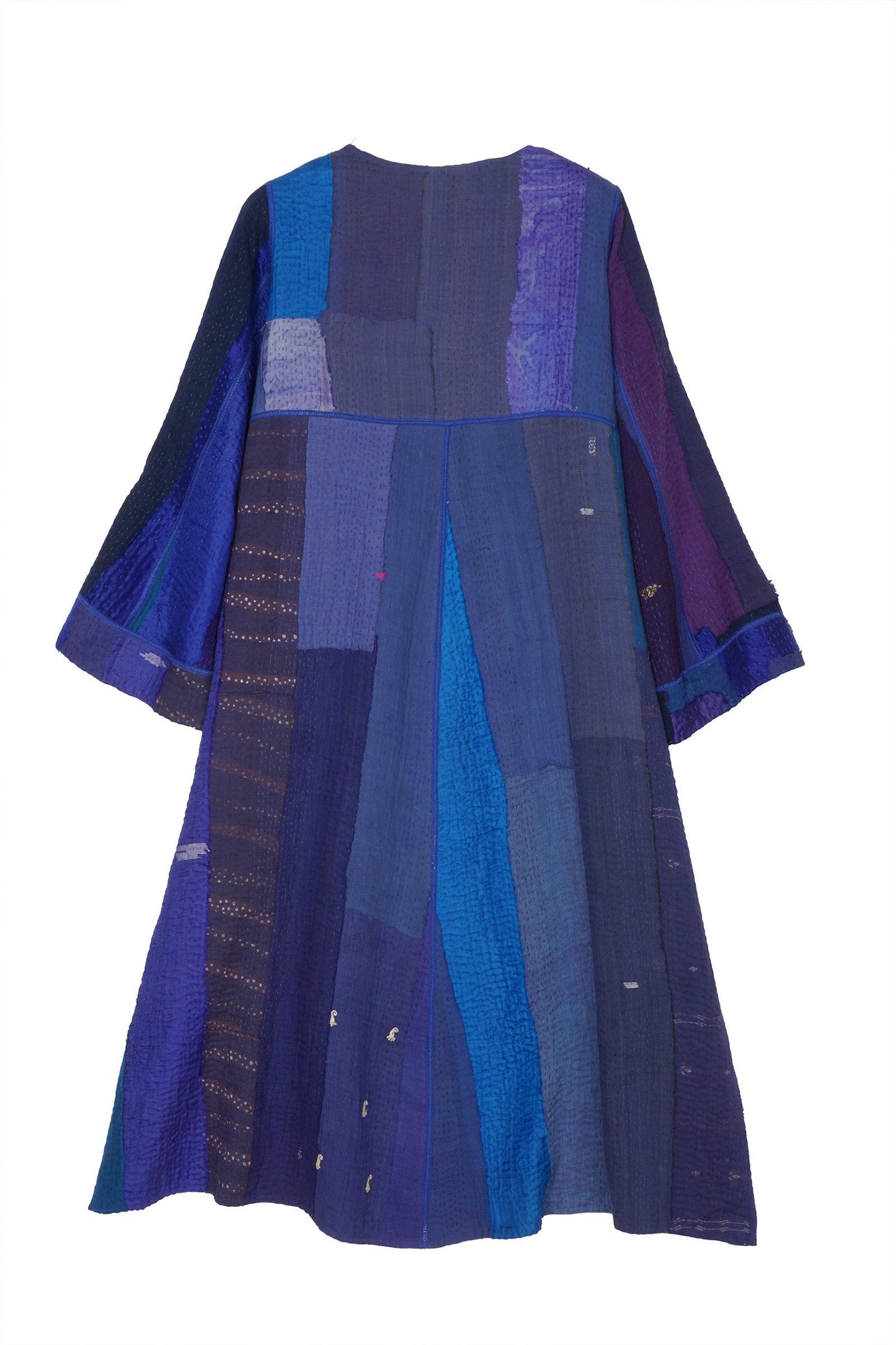 STRIPE AND CHECK COTTON SILK PATCH KANTHA  WRAP FLARE COAT - ss4330-blu -