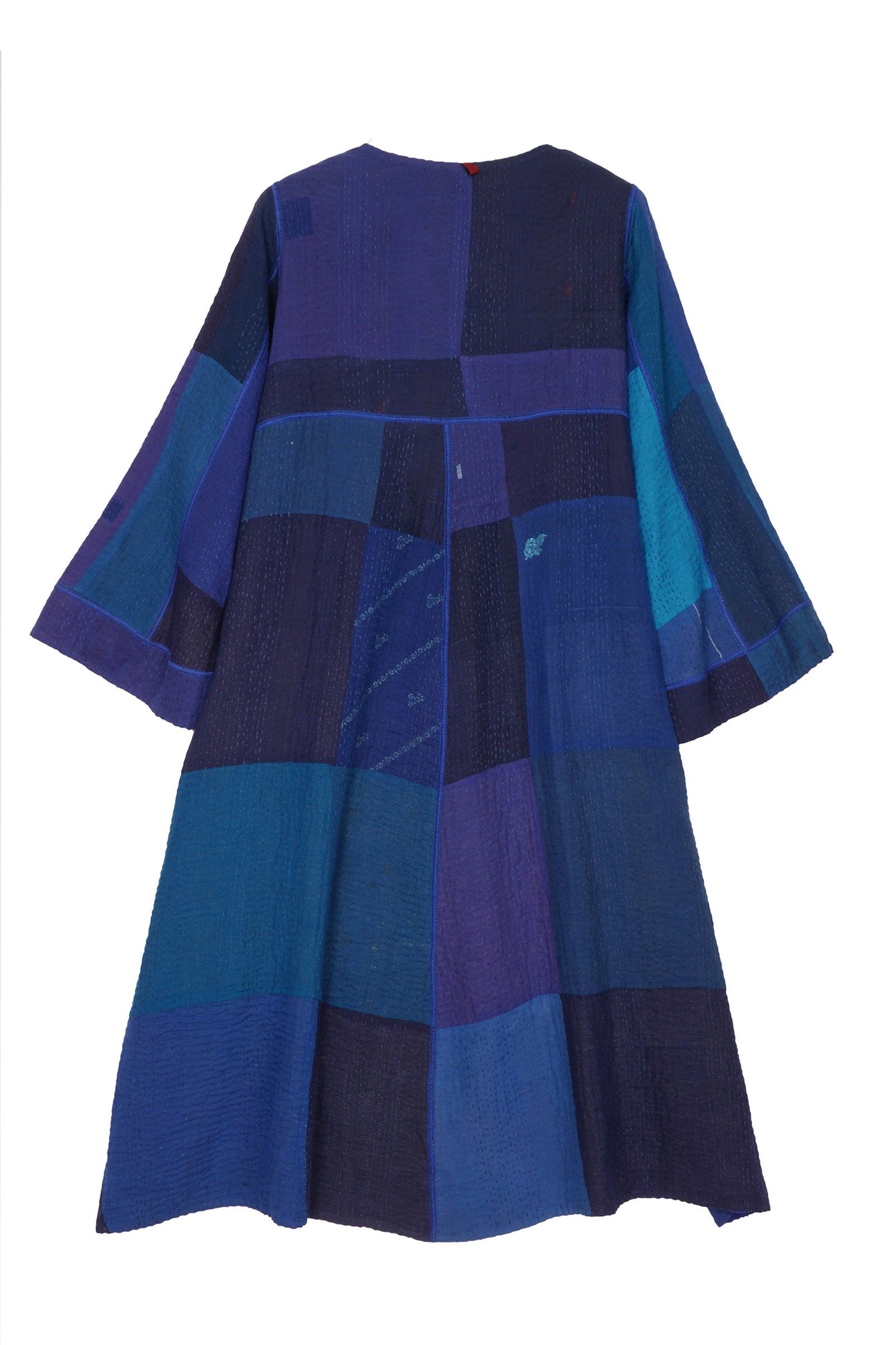 STRIPE AND CHECK COTTON SILK PATCH KANTHA  WRAP FLARE COAT - ss4330-blu -