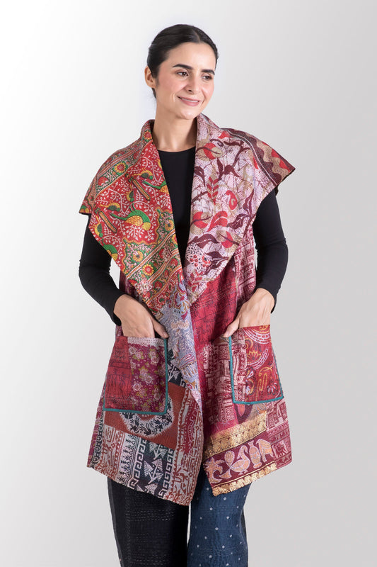 VINTAGE SILK KANTHA CIRCULAR VEST - sv2201-0093a -