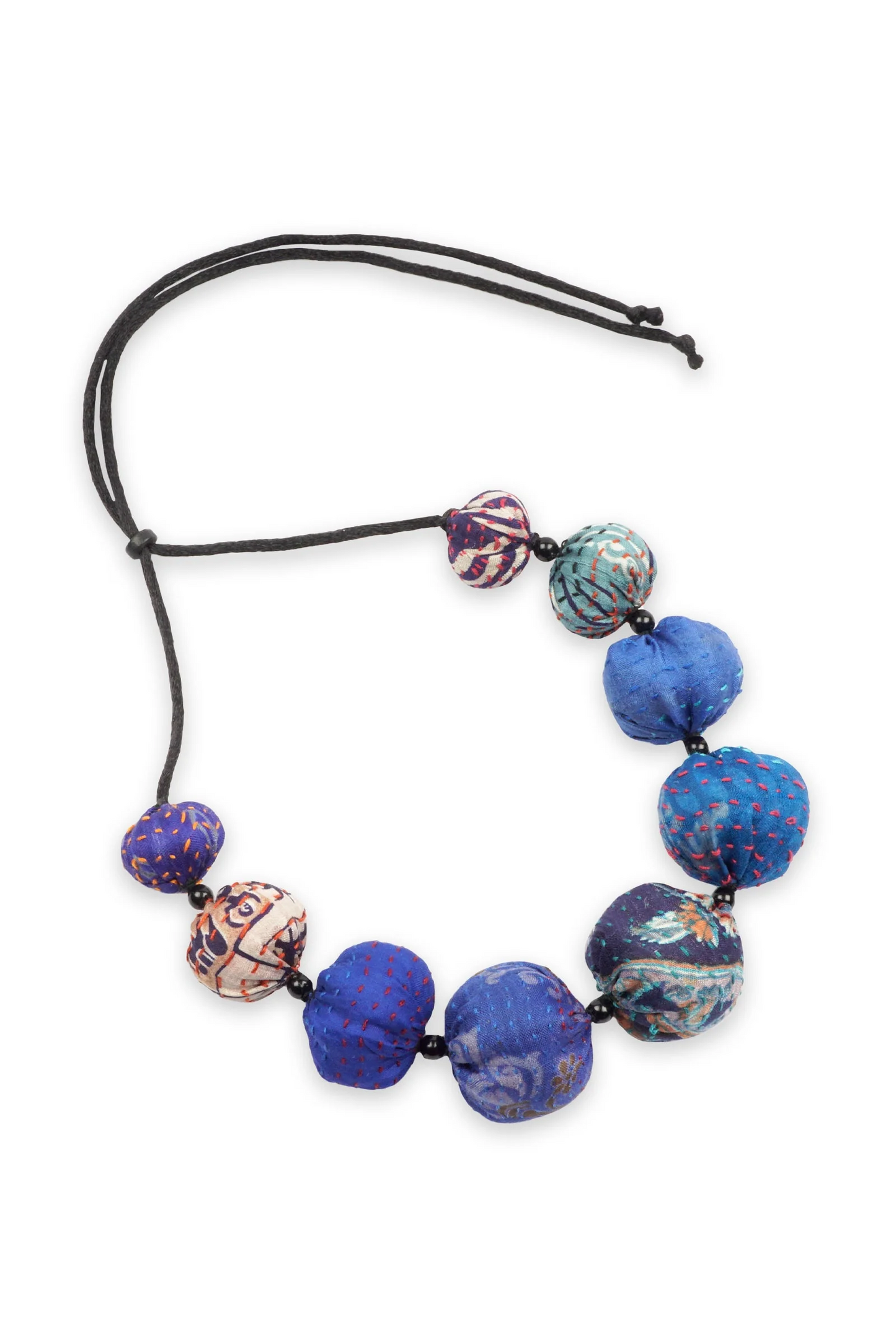 VINTAGE SILK KANTHA NUTS SHORT NECKLACE - sv2700-blu -