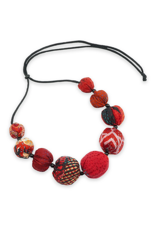 VINTAGE SILK KANTHA NUTS SHORT NECKLACE - sv2700-red -