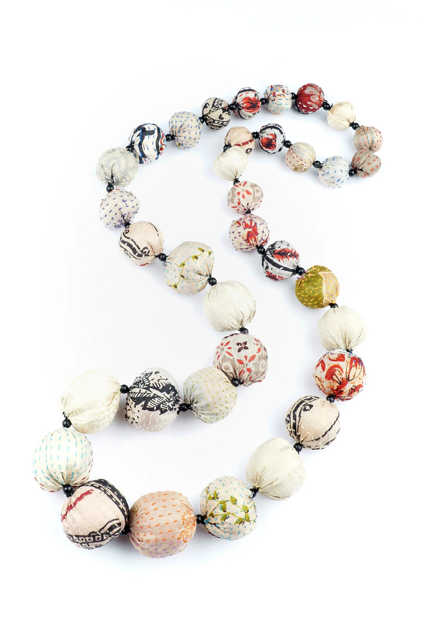 VINTAGE SILK KANTHA NUTS LONG NECKLACE - sv2702-ivy -