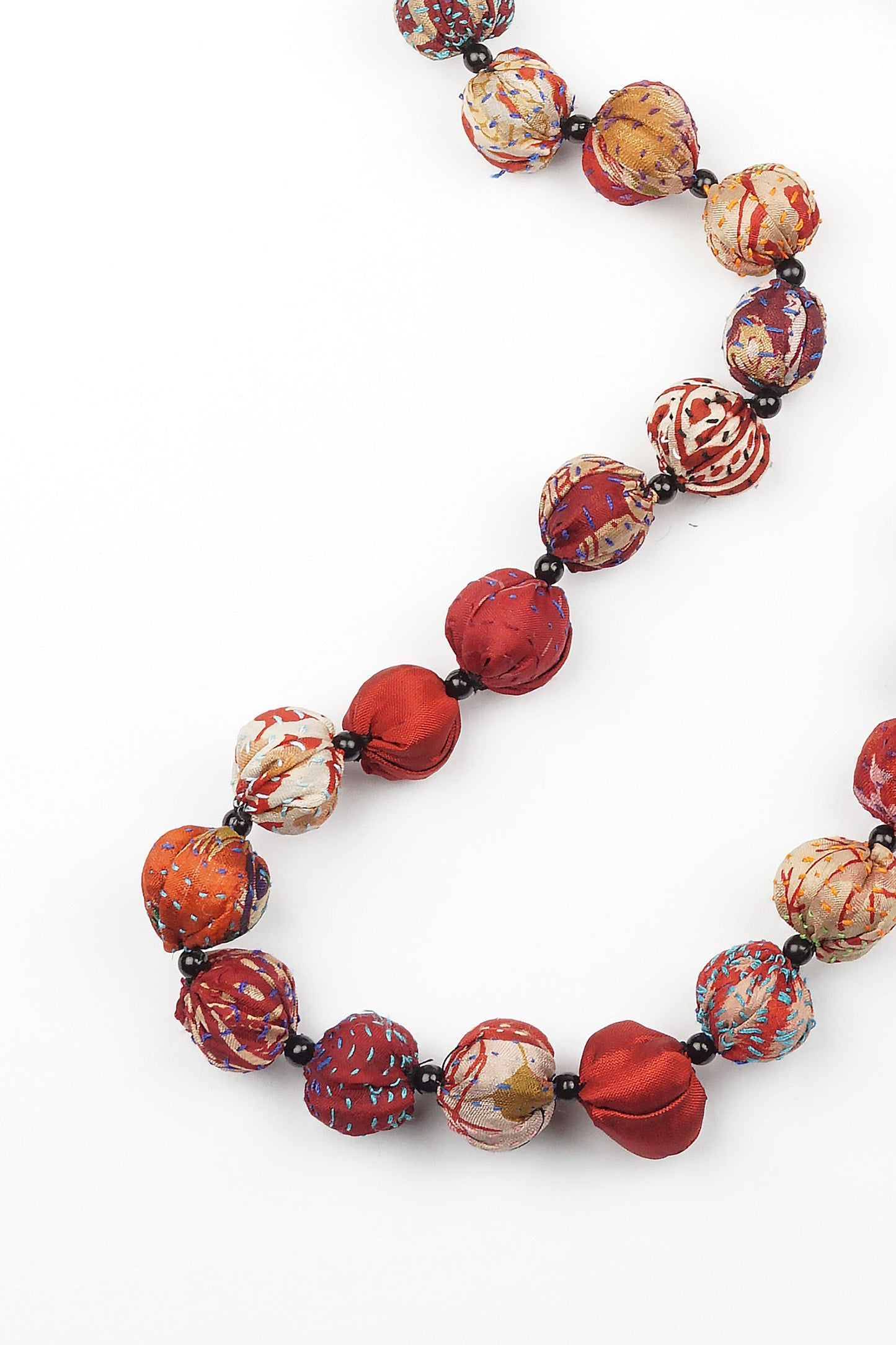 VINTAGE SILK KANTHA SMALL NUTS LONG NECKLACE - sv2706-red -