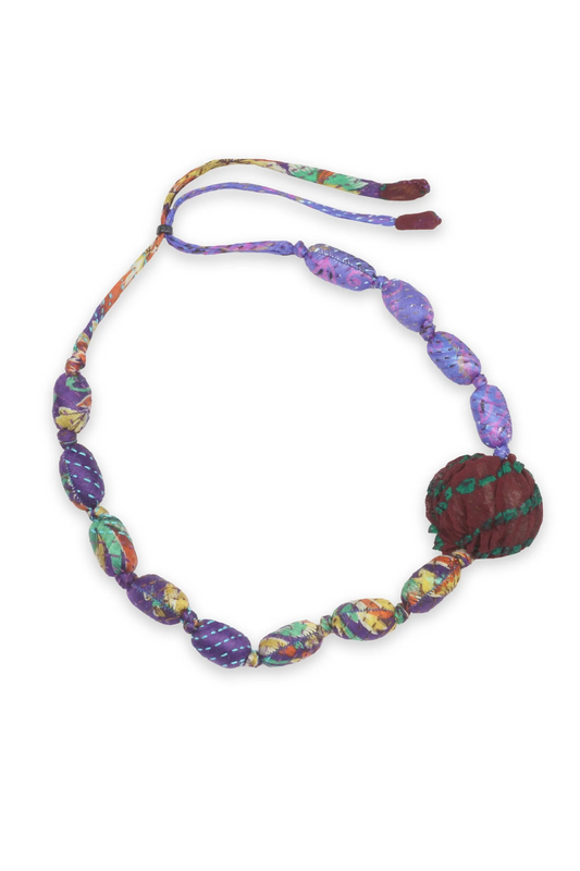 VINTAGE SILK KANTHA SEA URCHIN SHORT NECKLACE - sv2708-prp -