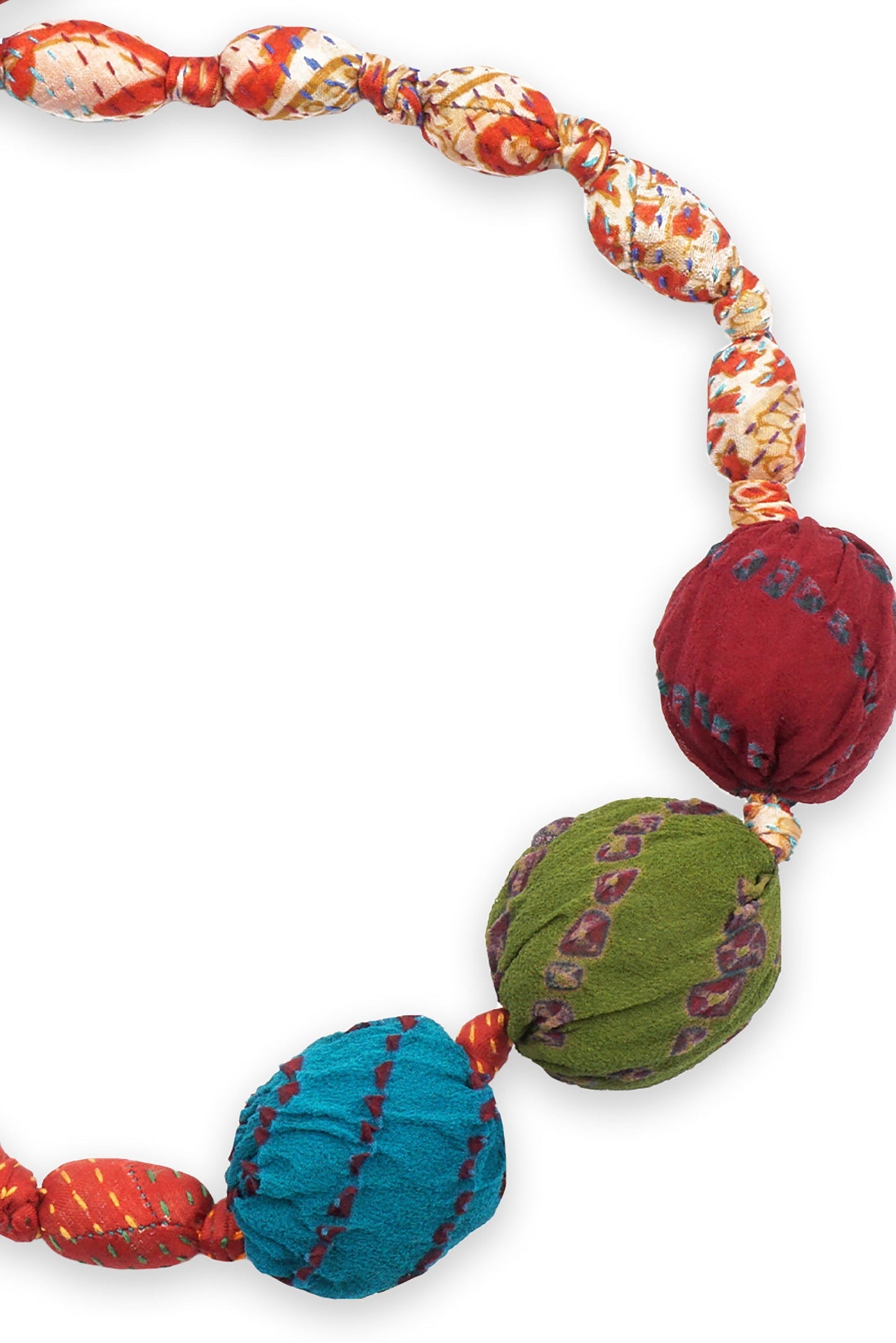 VINTAGE SILK KANTHA 3 SEA URCHIN NECKLACE - sv2711-red -