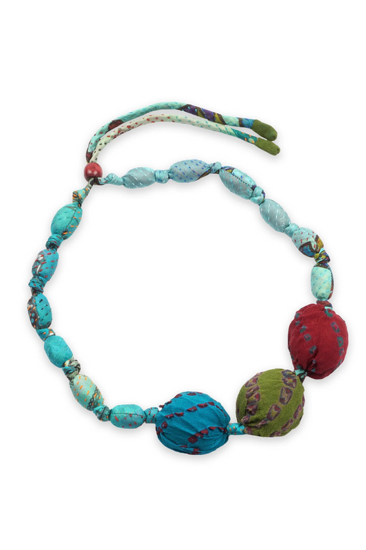 VINTAGE SILK KANTHA 3 SEA URCHIN NECKLACE - sv2711-tuq -