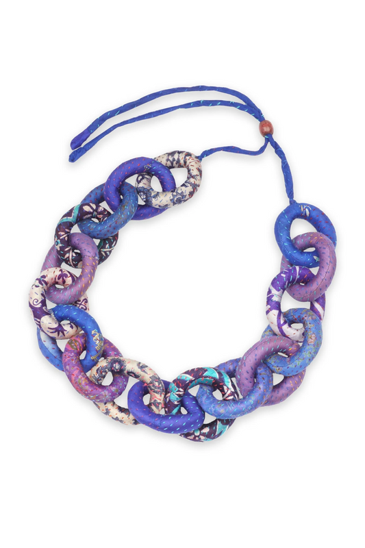 VINTAGE SILK KANTHA CHAIN NECKLACE - sv2724-blu -