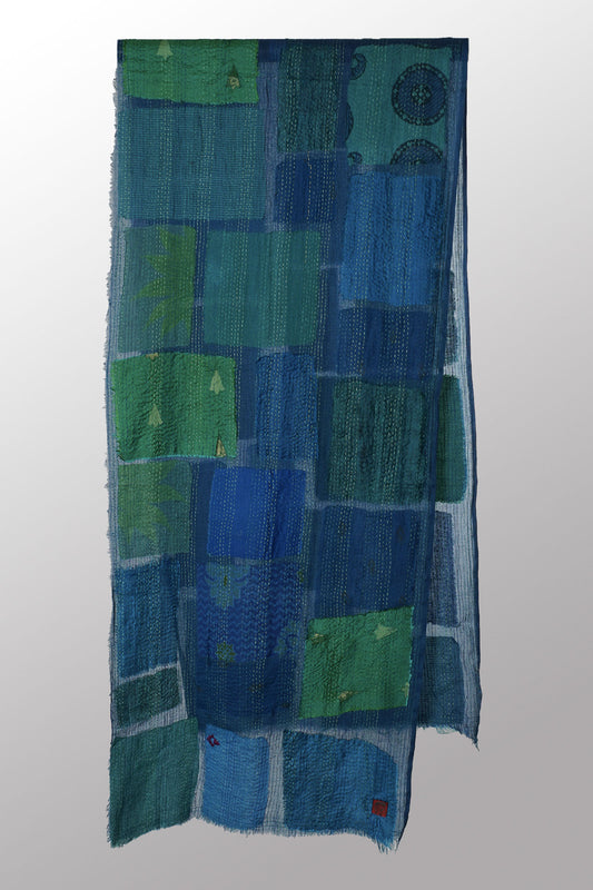 TONAL TILE PATCH KANTHA SCARF STANDARD - tt2801-blu -