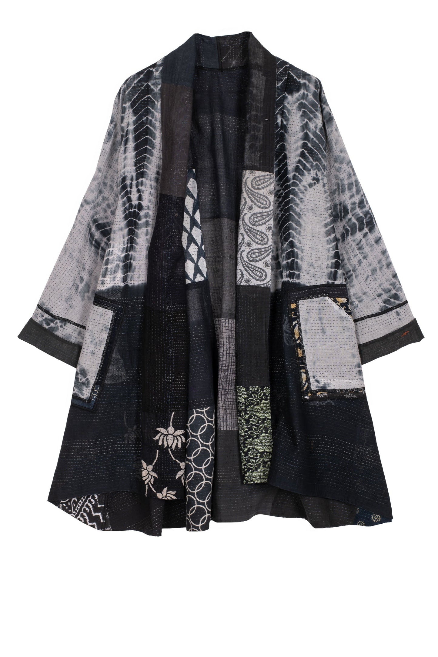 VINTAGE BOTTOM PRINT KANTHA KIMONO LONG JACKET - vb2005-blk -