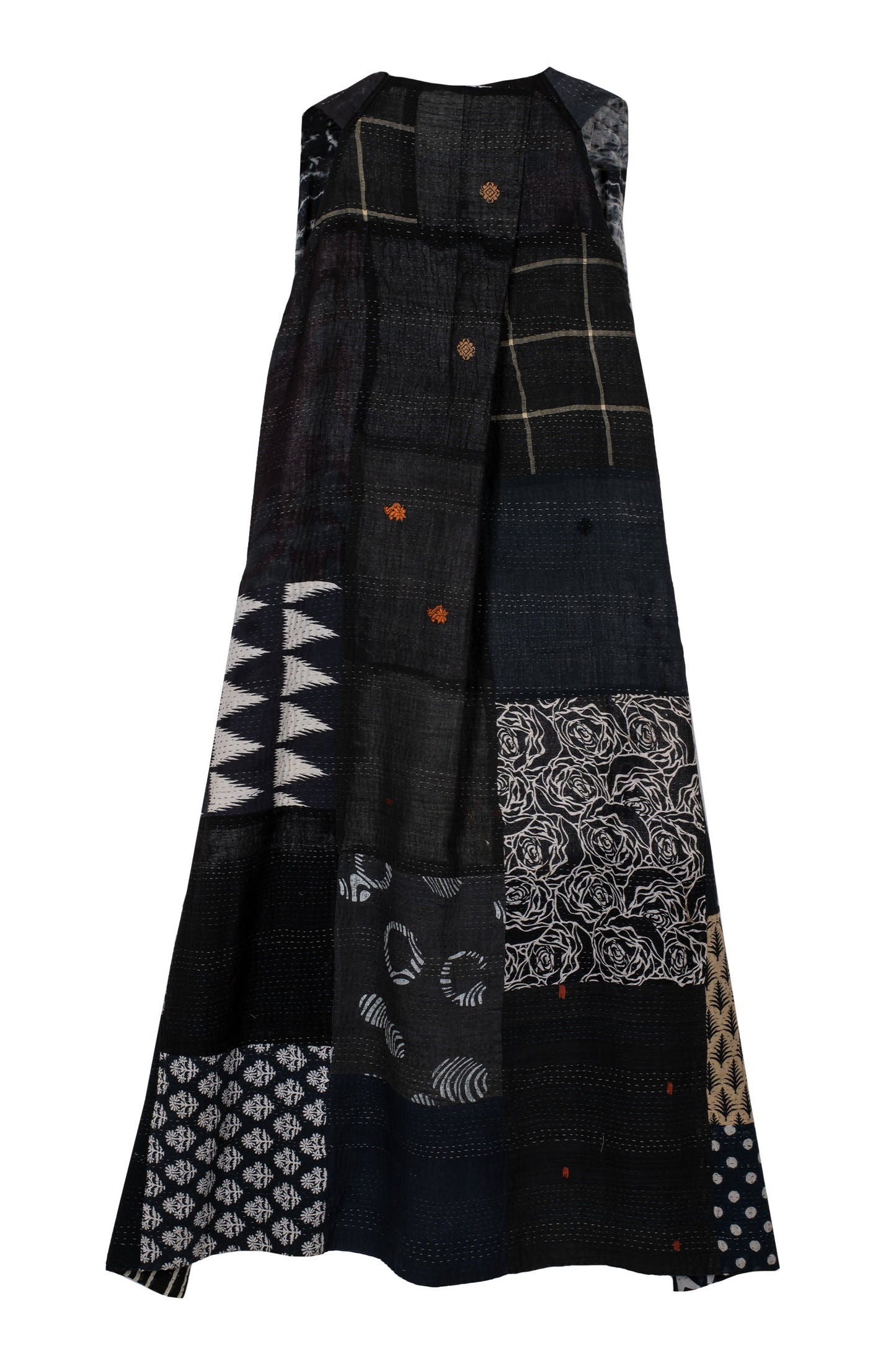 VINTAGE BOTTOM PRINT KANTHA BACK PLEATED VEST MAXI - vb2222-blk -