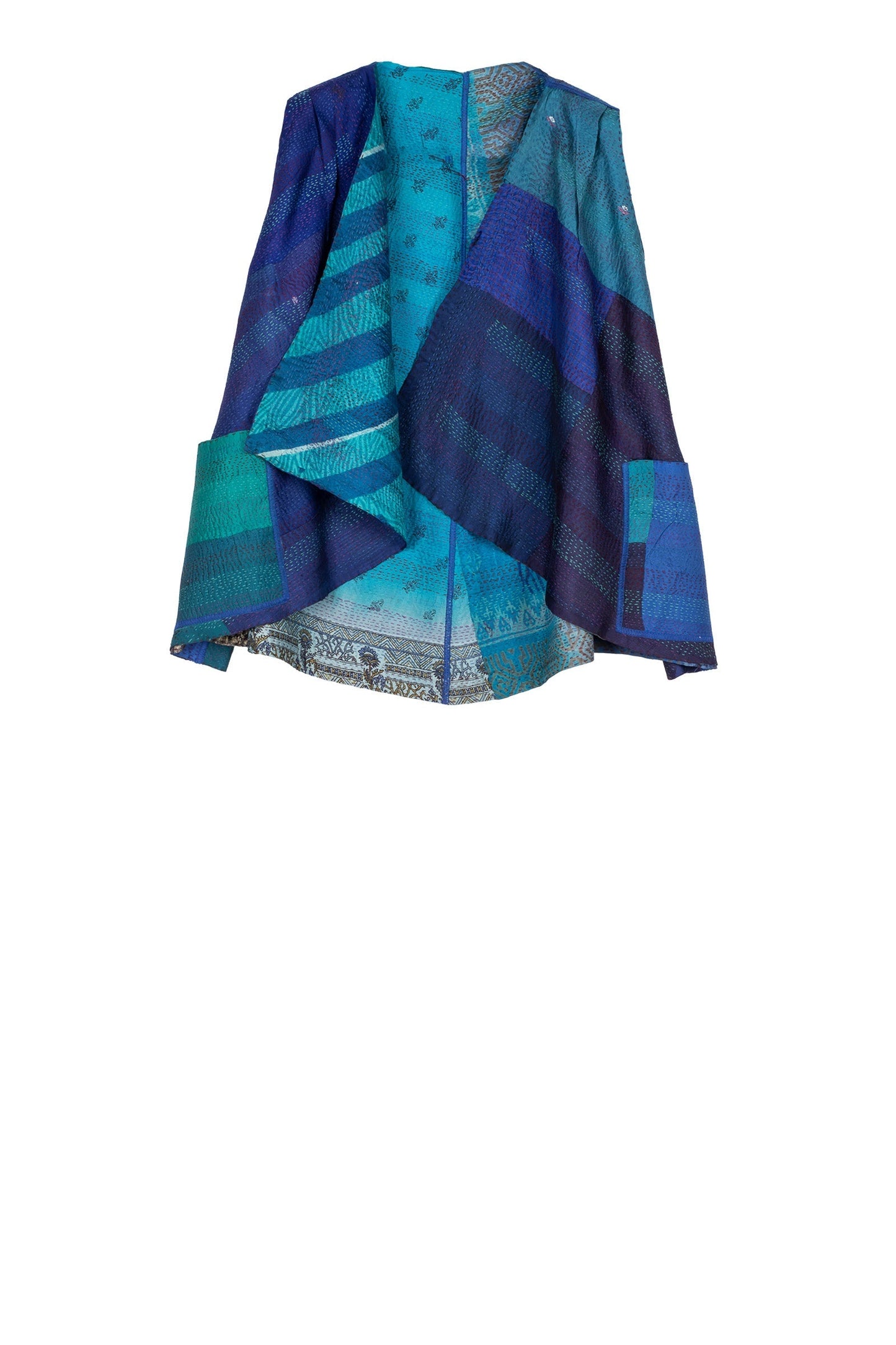 VINTAGE SILK PATCH KANTHA CIRCLE VEST - vp2226-blu -