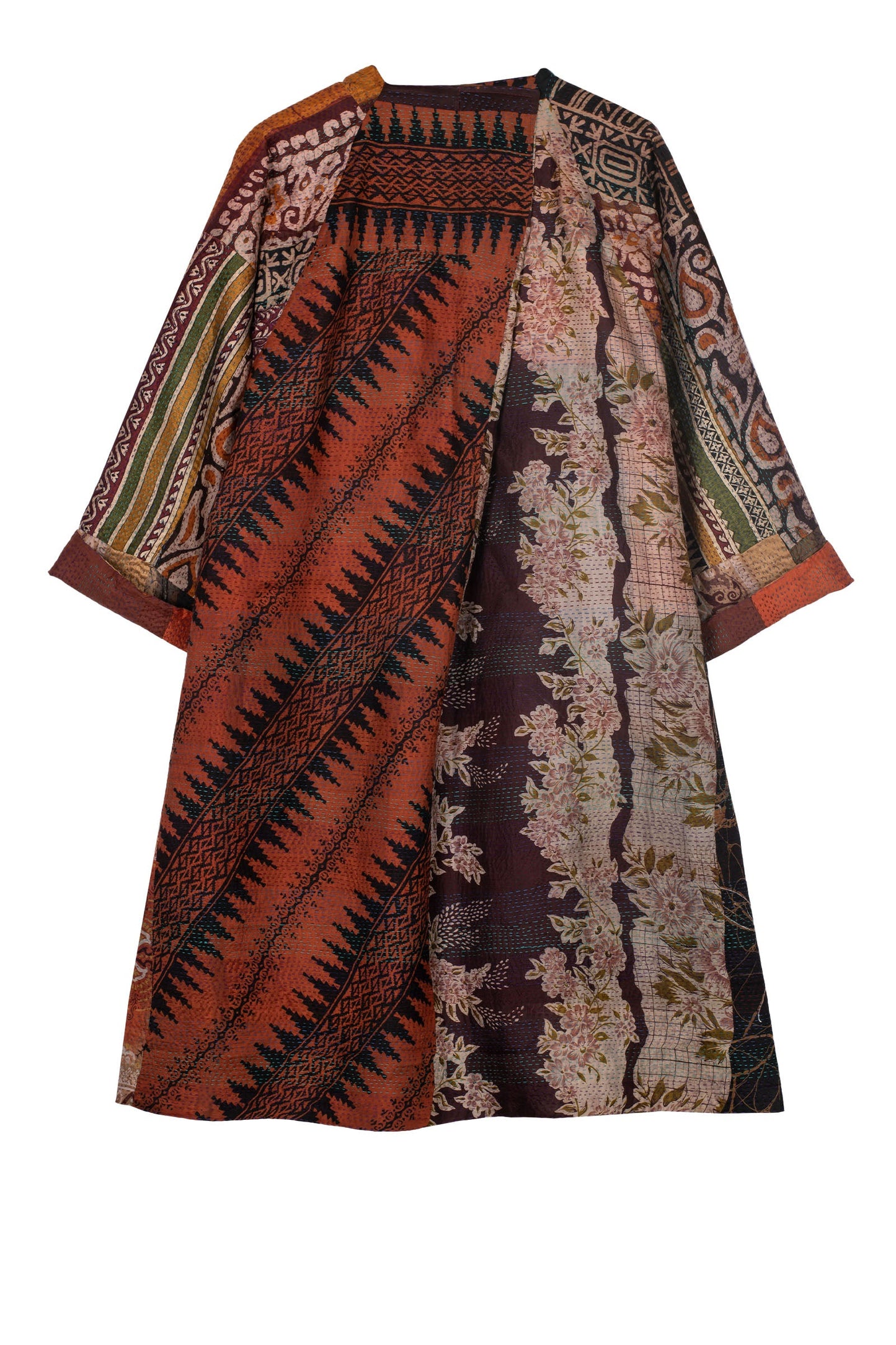 VINTAGE SILK PATCH KANTHA KIMONO DUSTER - vp2317-brn -