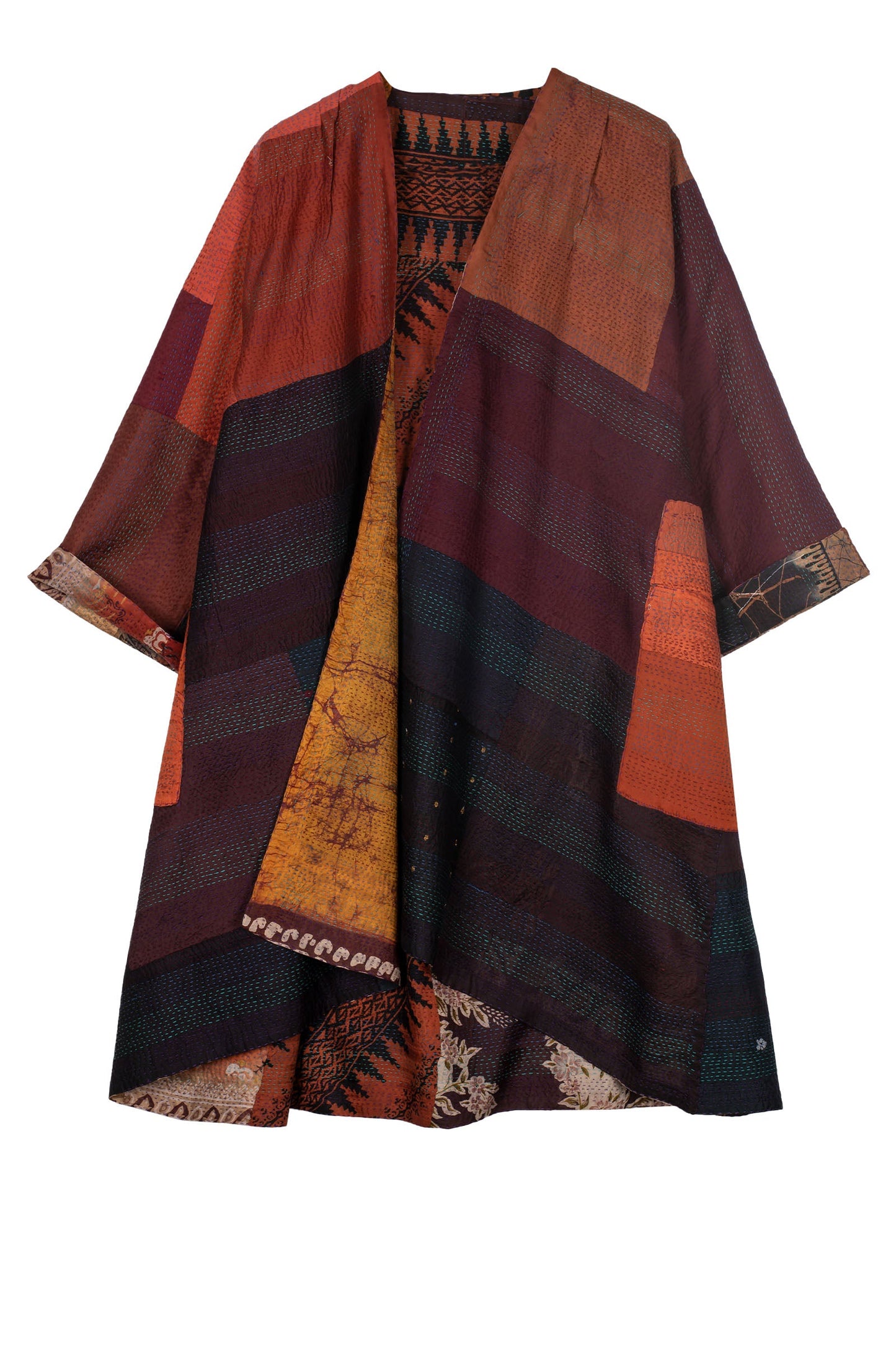 VINTAGE SILK PATCH KANTHA KIMONO DUSTER - vp2317-brn -