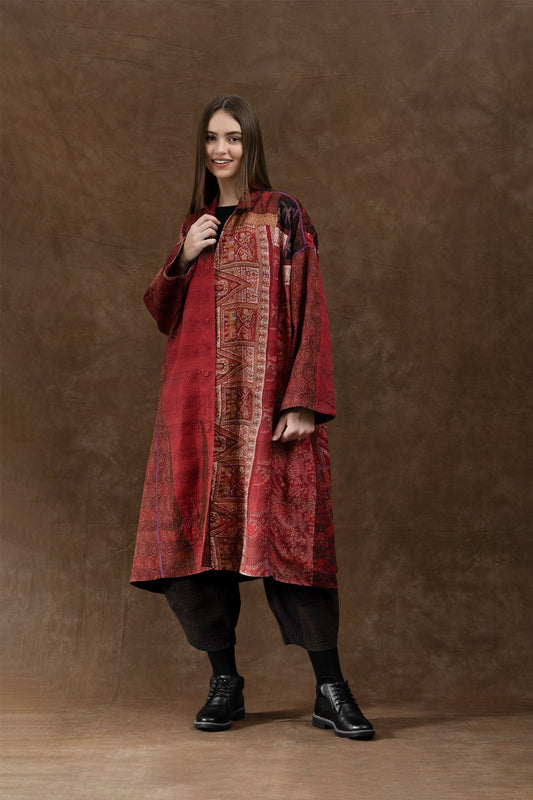 VINTAGE SILK PATCH KANTHA NEW OVERSIZED COAT - vp2342-red -