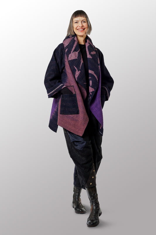 WOVEN HANDLOOM IKAT WITH OMBRE KANTHA HOODED A-LINE COAT - wh4341-prp -