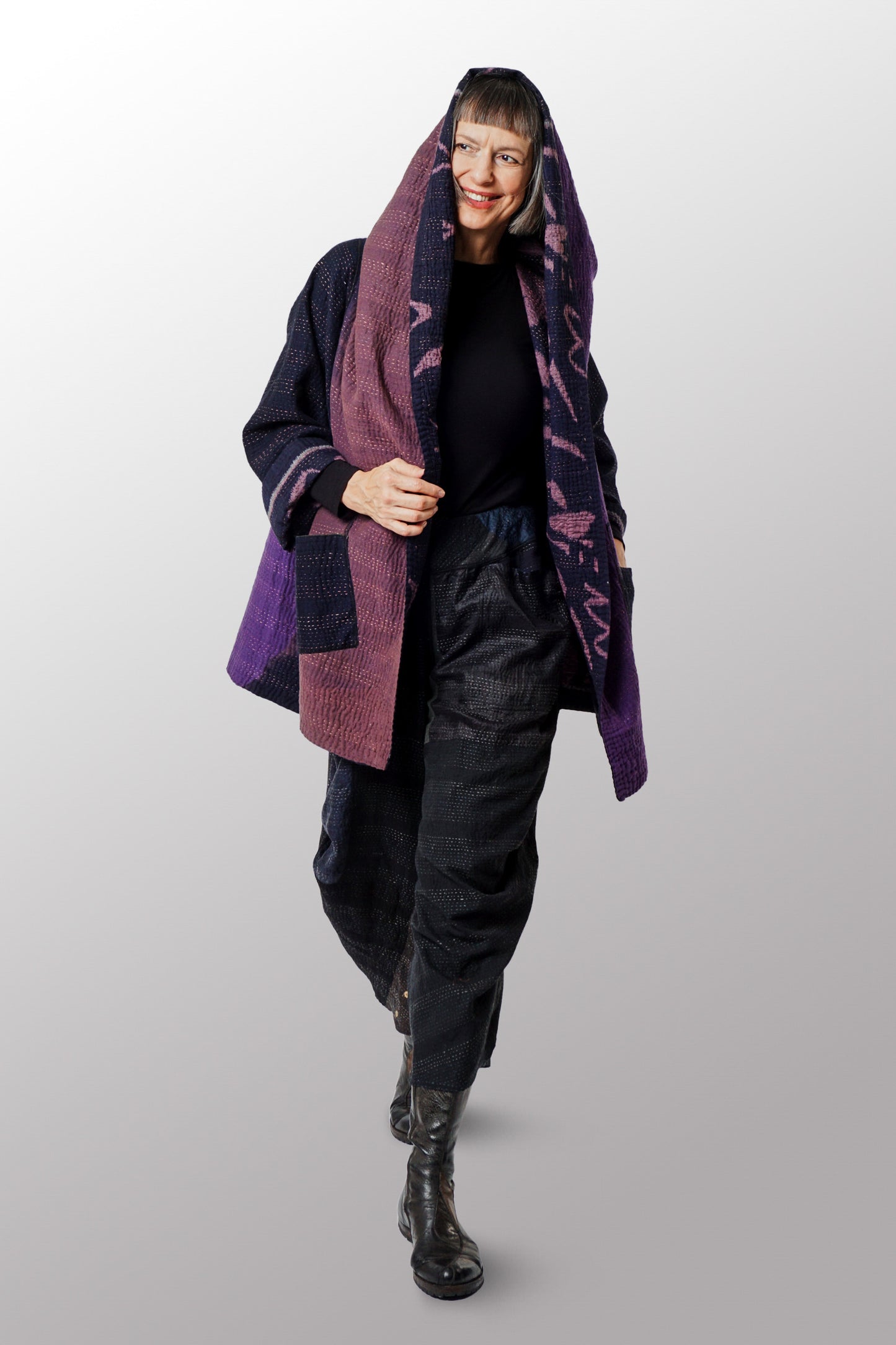 WOVEN HANDLOOM IKAT WITH OMBRE KANTHA HOODED A-LINE COAT - wh4341-prp -