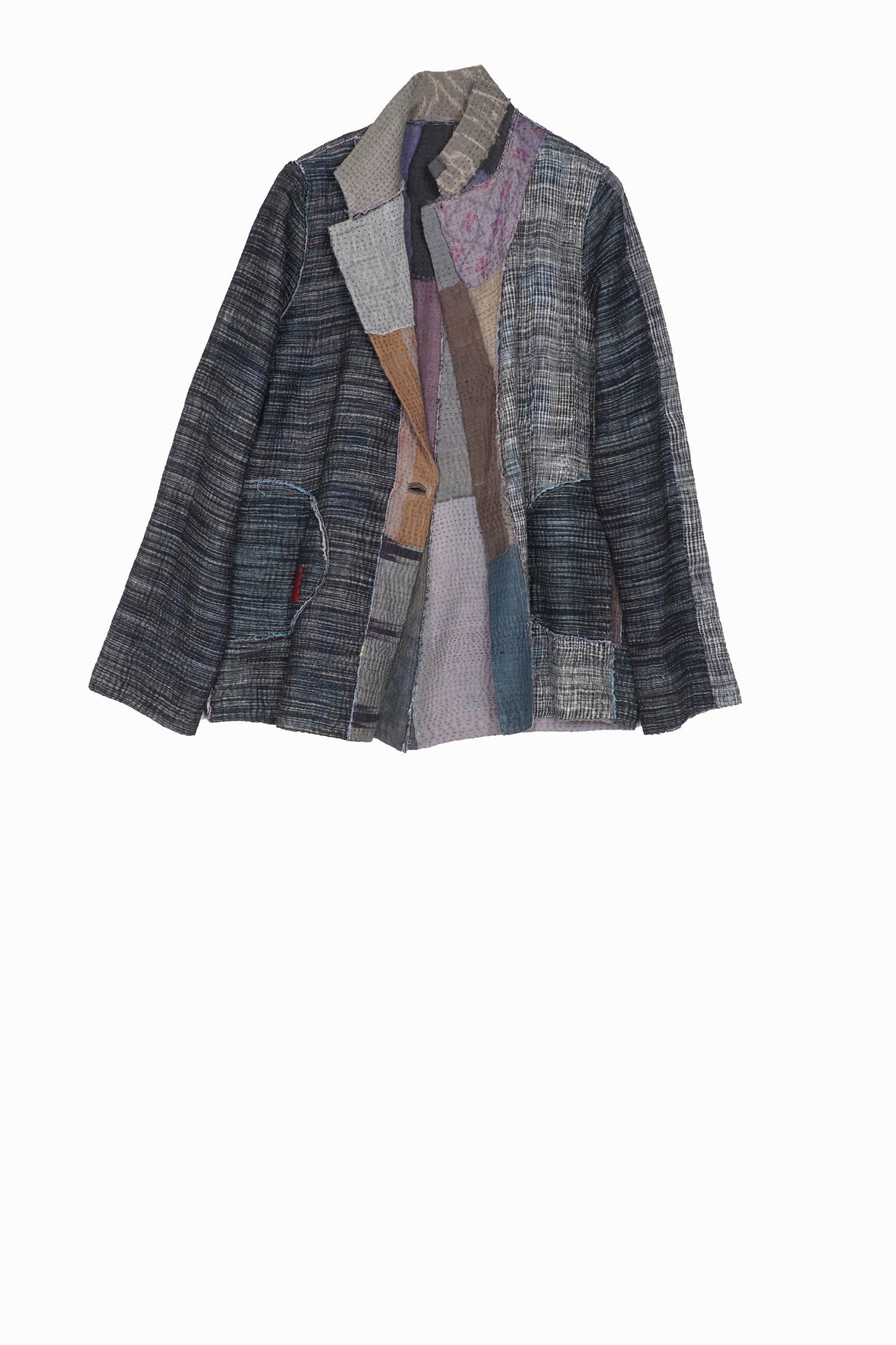 WOVEN IKAT & FRAYED PATCH KANTHA SIMPLE JKT - wk4022-gry -
