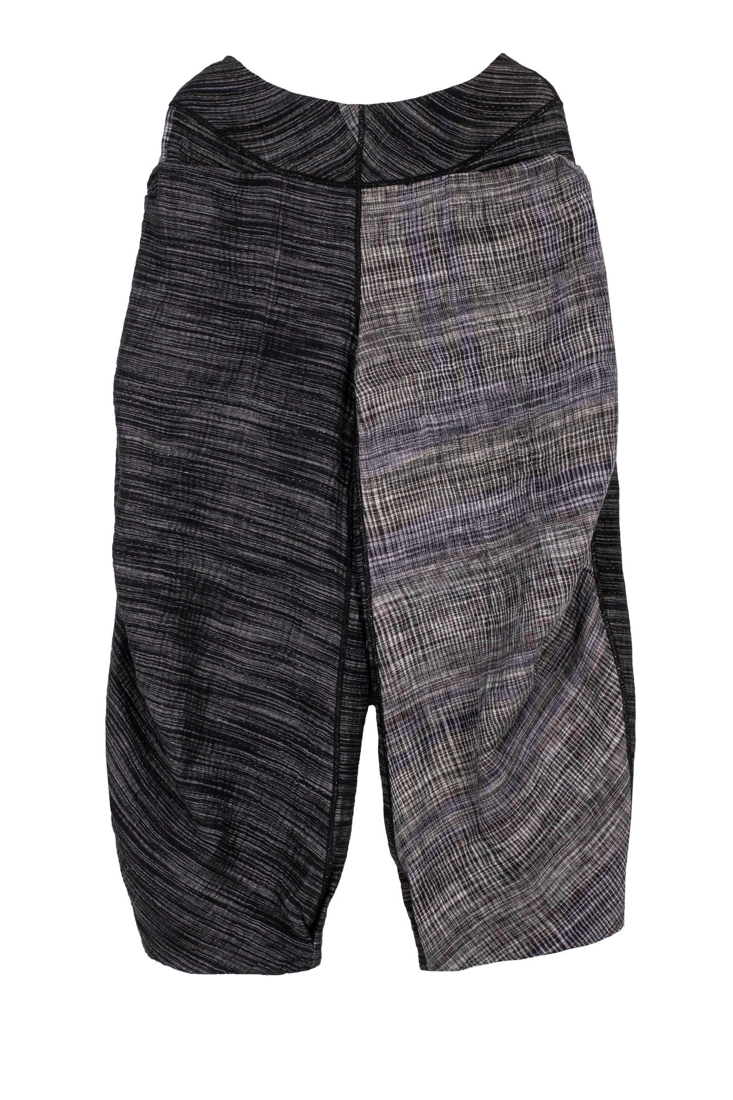 WOVEN IKAT & FRAYED PATCH KANTHA  KNEE TUCKED PANTS - wk4625-gry -