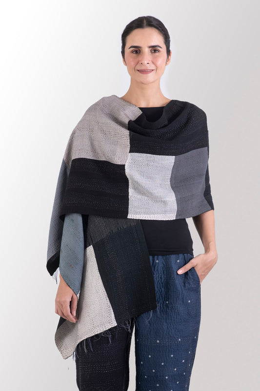 COTTON SILK SW PATCH OMBRE KANTHA SCARF STANDARD - wo2801-blk -