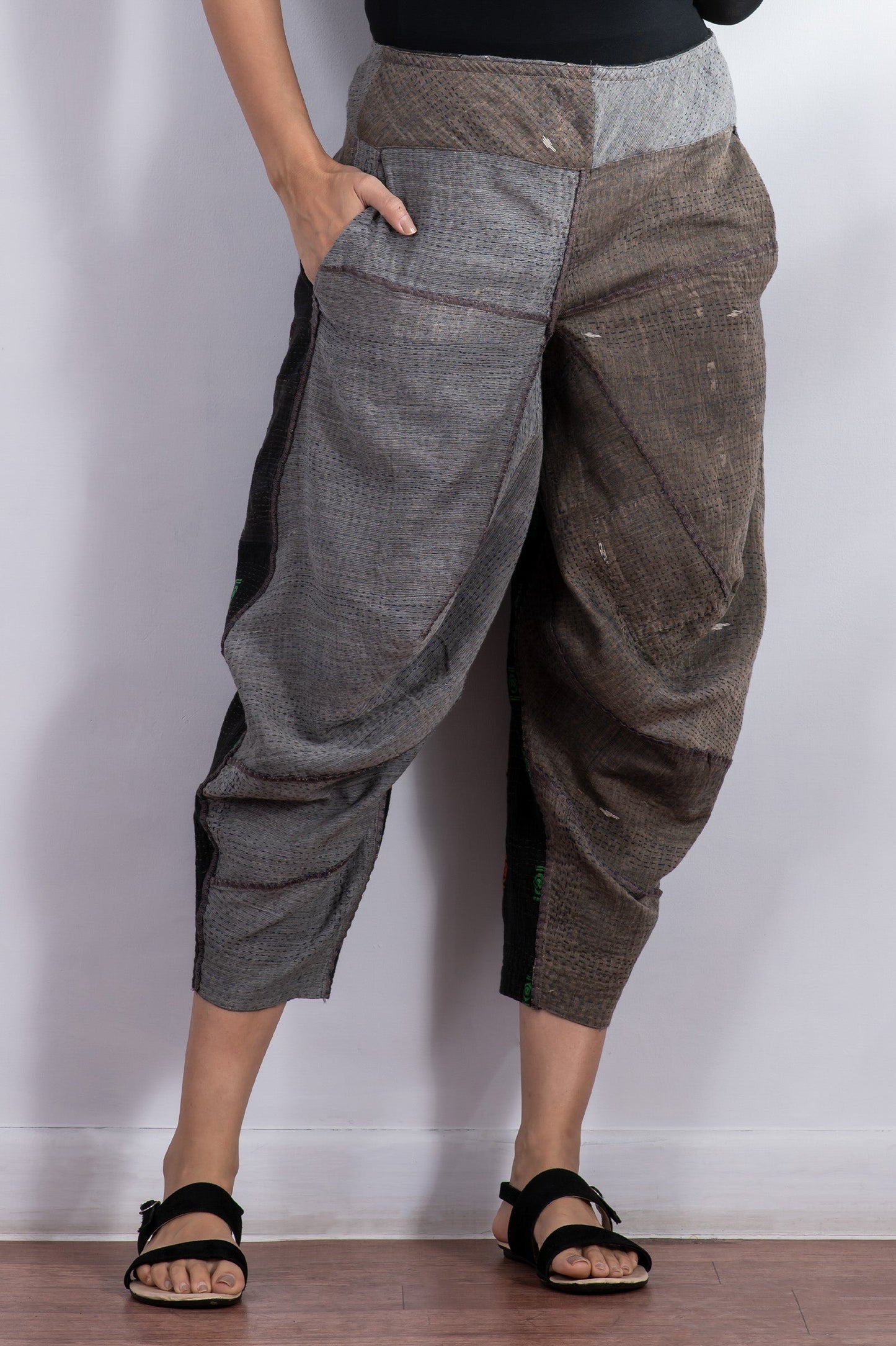 COTTON SILK SW PATCH KANTHA YAMAHA PANTS - ws2632-gry -