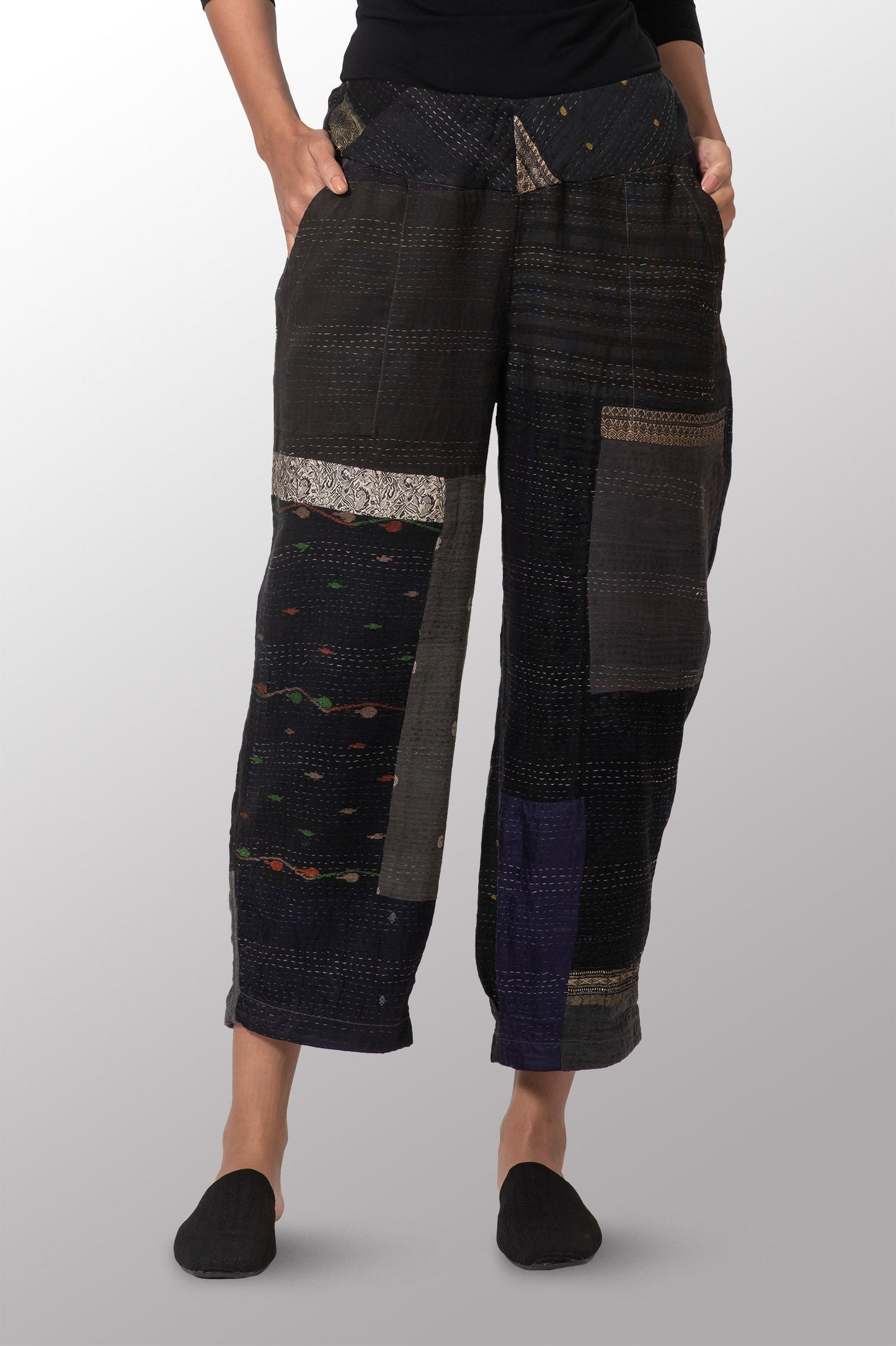 COTTON SILK SW PATCH KANTHA NEW LANTERN PANTS - ws2651-blk -