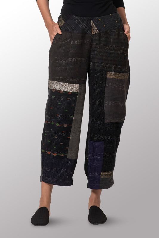COTTON SILK SW PATCH KANTHA NEW LANTERN PANTS - ws2651-blk -
