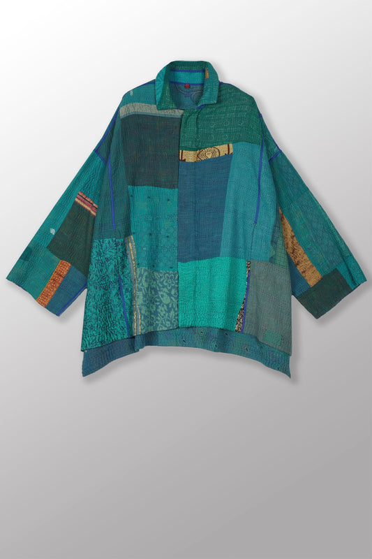 COTTON SILK SW PATCH KANTHA OVERSIZED MINI COAT - ws4332-tel -