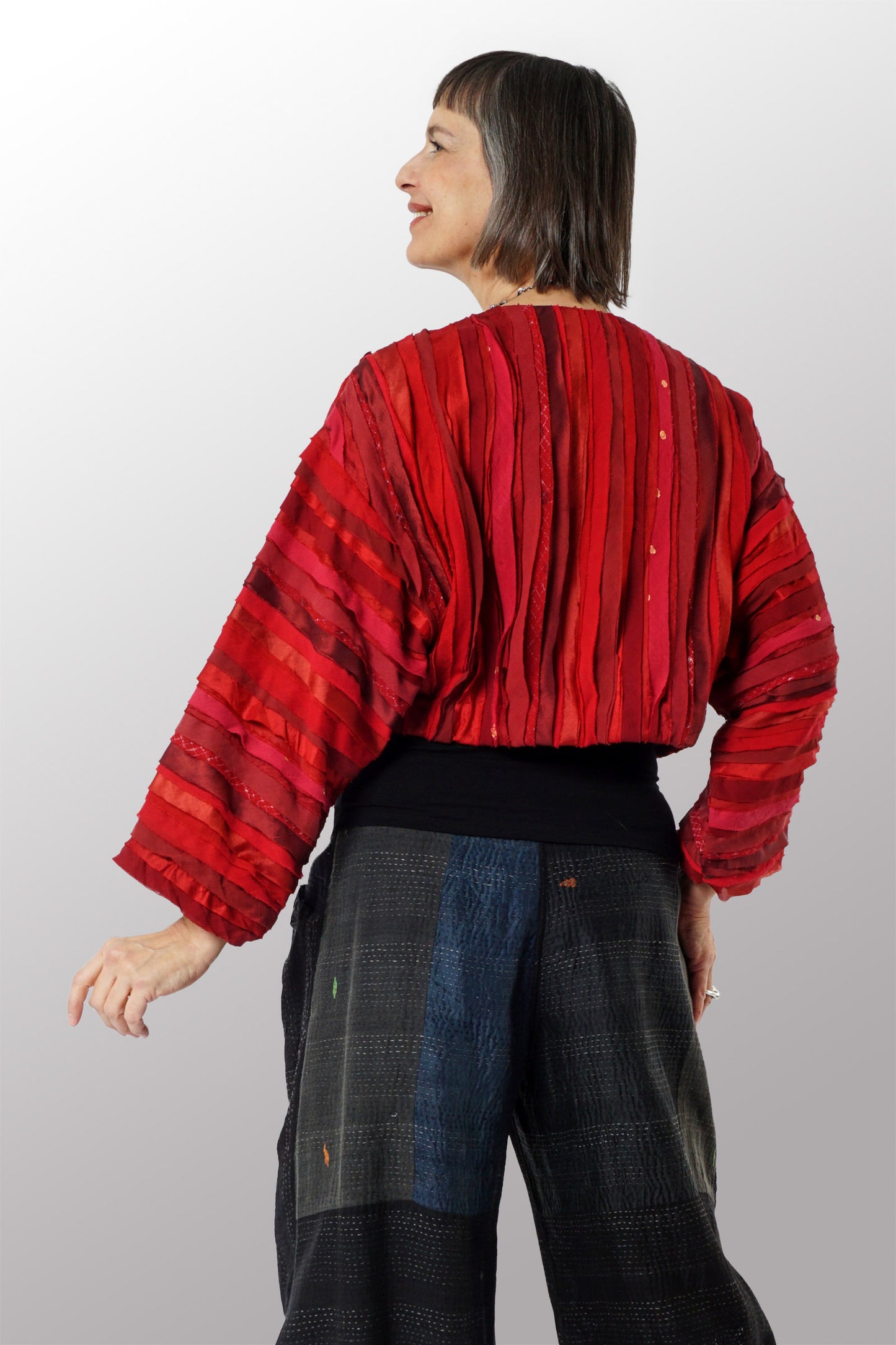 WAVY STRIPE KANTHA CRWE NECK WIDE SLV. JACKET - wv2078-red -