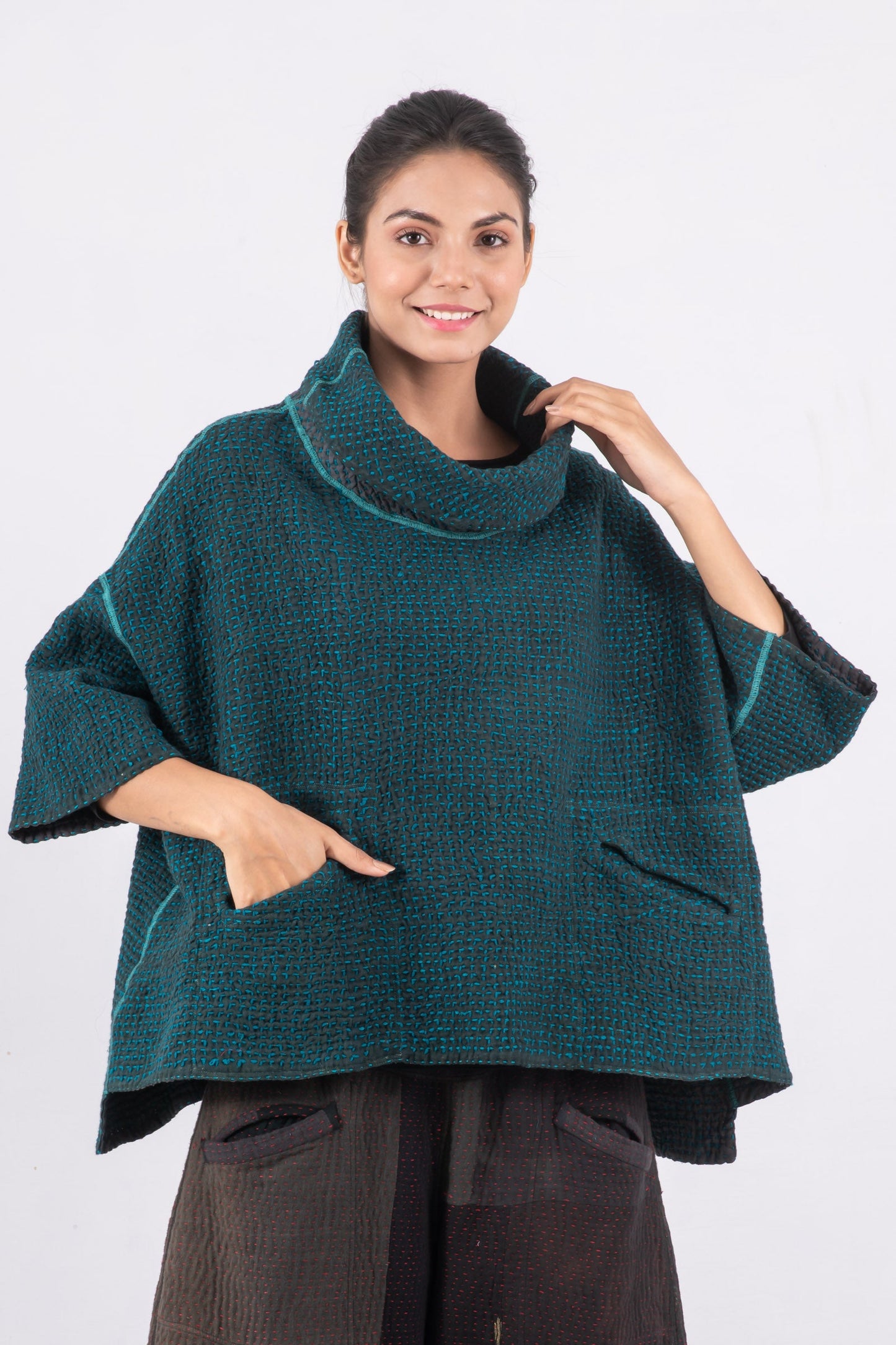 WOOL WAFFLE KANTHA COWL NECK PONCHO - ww3061-tel -