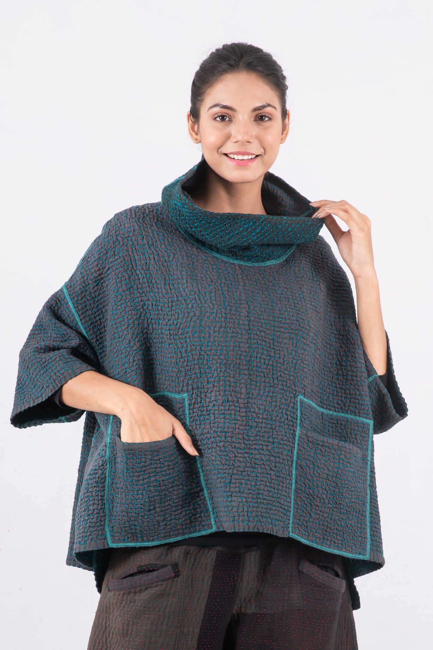 WOOL WAFFLE KANTHA COWL NECK PONCHO - ww3061-tel -