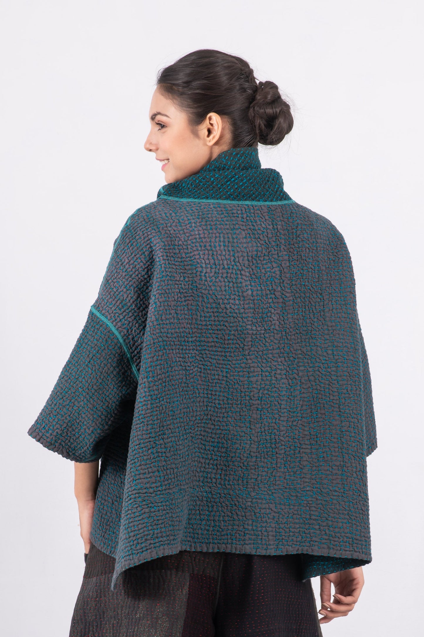 WOOL WAFFLE KANTHA COWL NECK PONCHO - ww3061-tel -