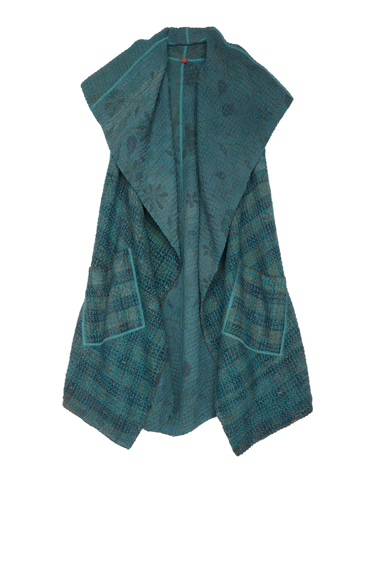 WOOL WAFFLE KANTHA CIRCULAR VEST - ww3201-tel -