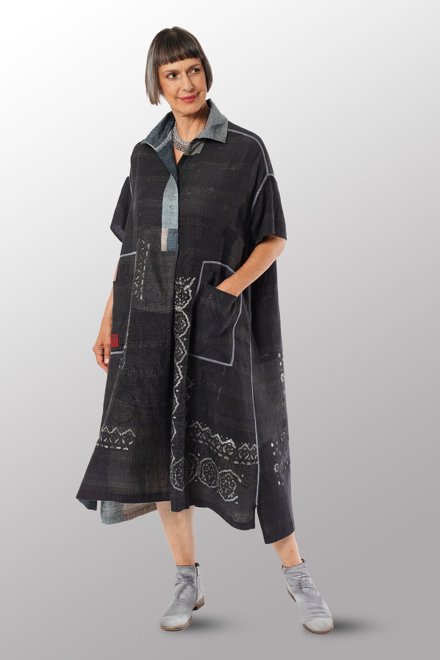 MOSAIC FRAY PATCH KANTHA WING COLLAR DRESS - zb2454-gry -