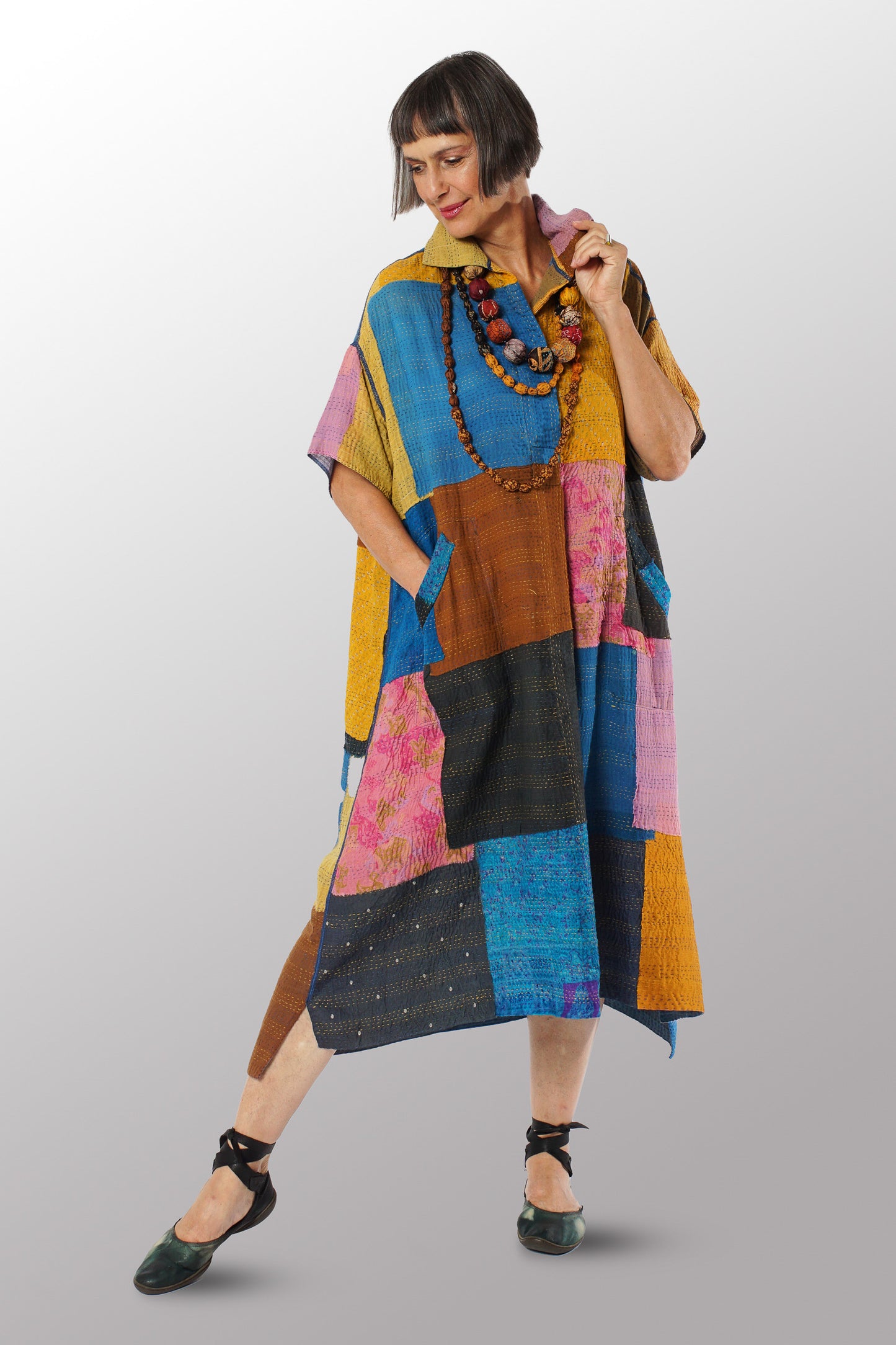 MOSAIC FRAY PATCH KANTHA WITH BLOCK WING COLLAR DRESS - zb2454-mlt -