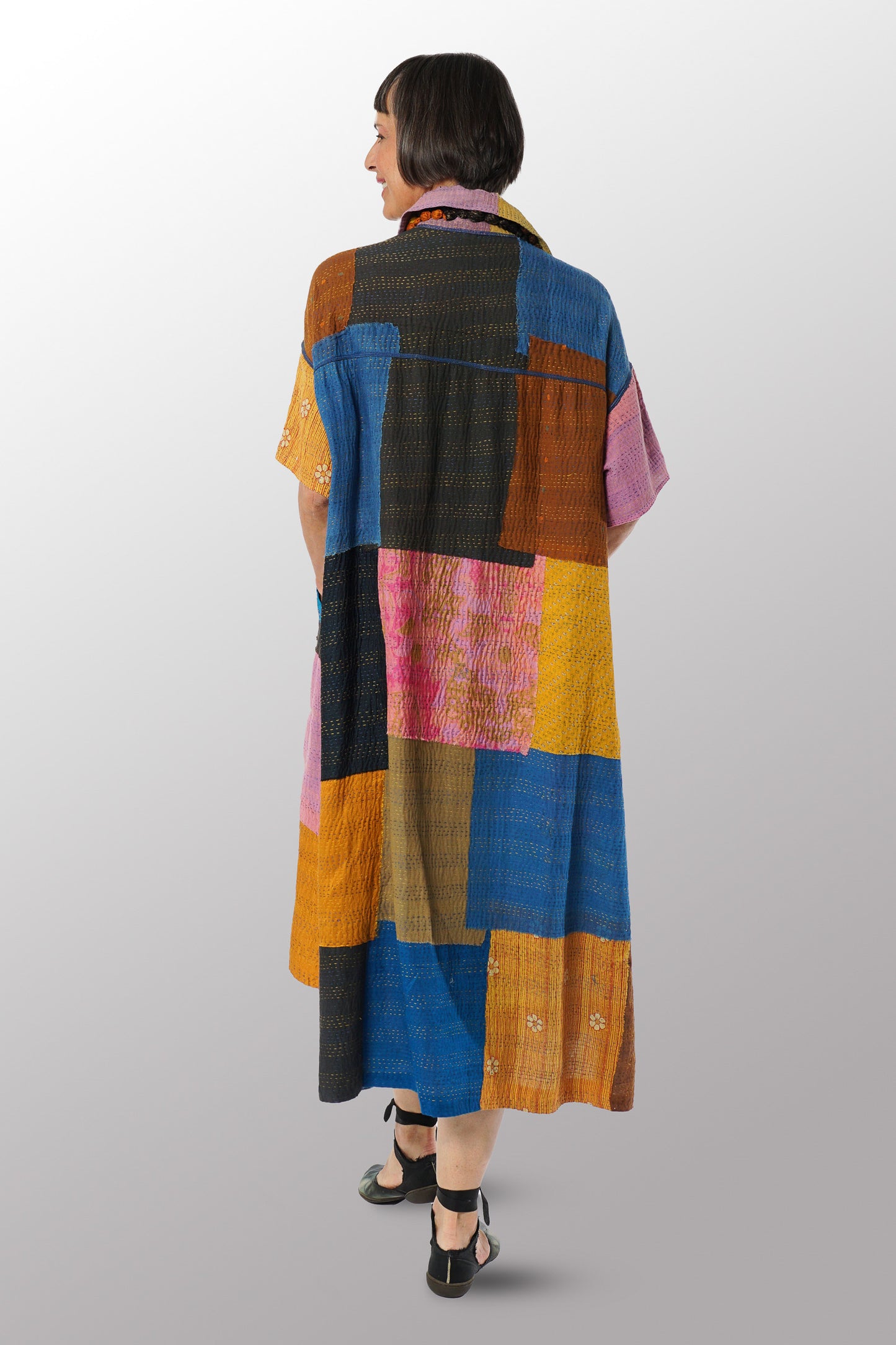 MOSAIC FRAY PATCH KANTHA WITH BLOCK WING COLLAR DRESS - zb2454-mlt -