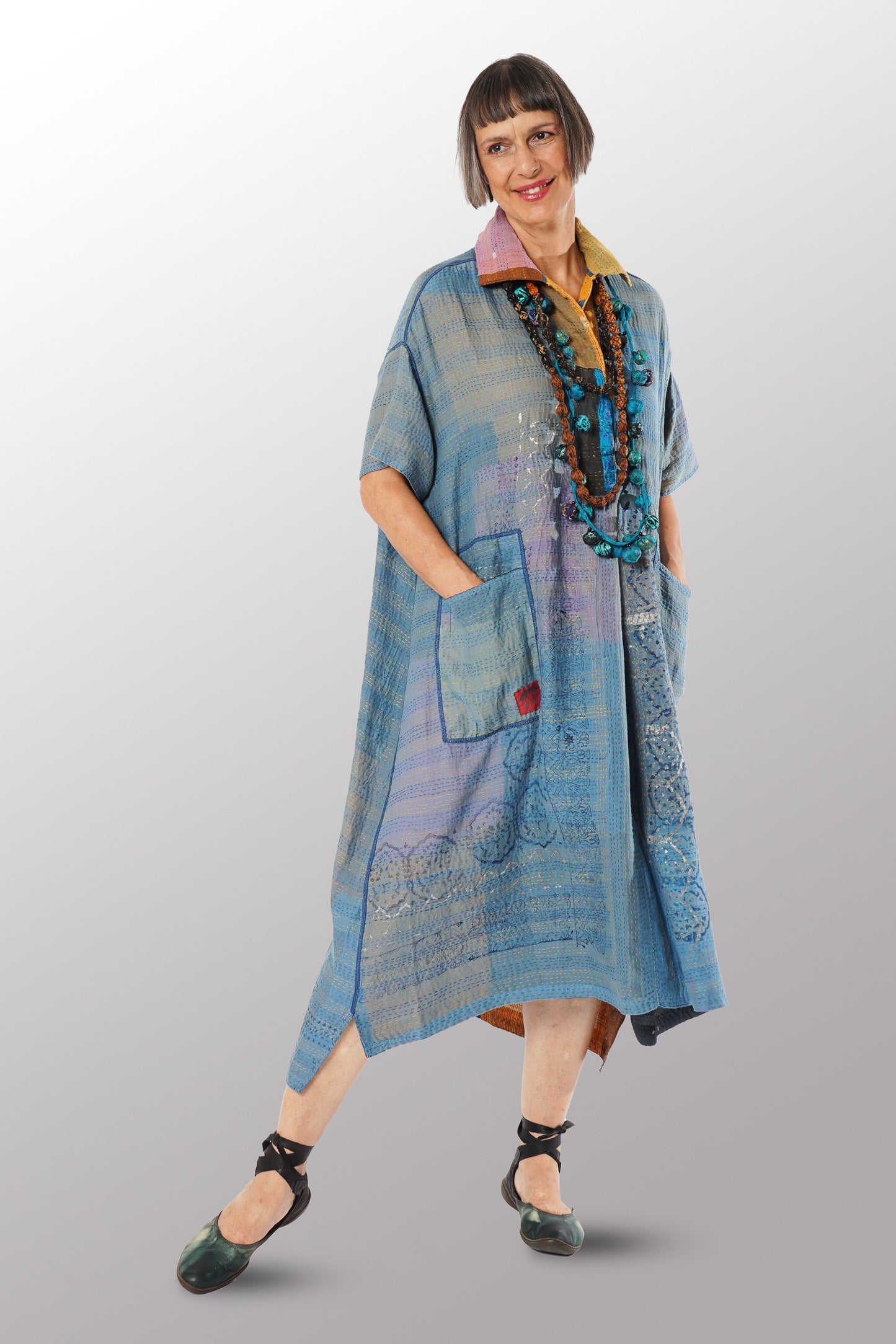 MOSAIC FRAY PATCH KANTHA WITH BLOCK WING COLLAR DRESS - zb2454-mlt -