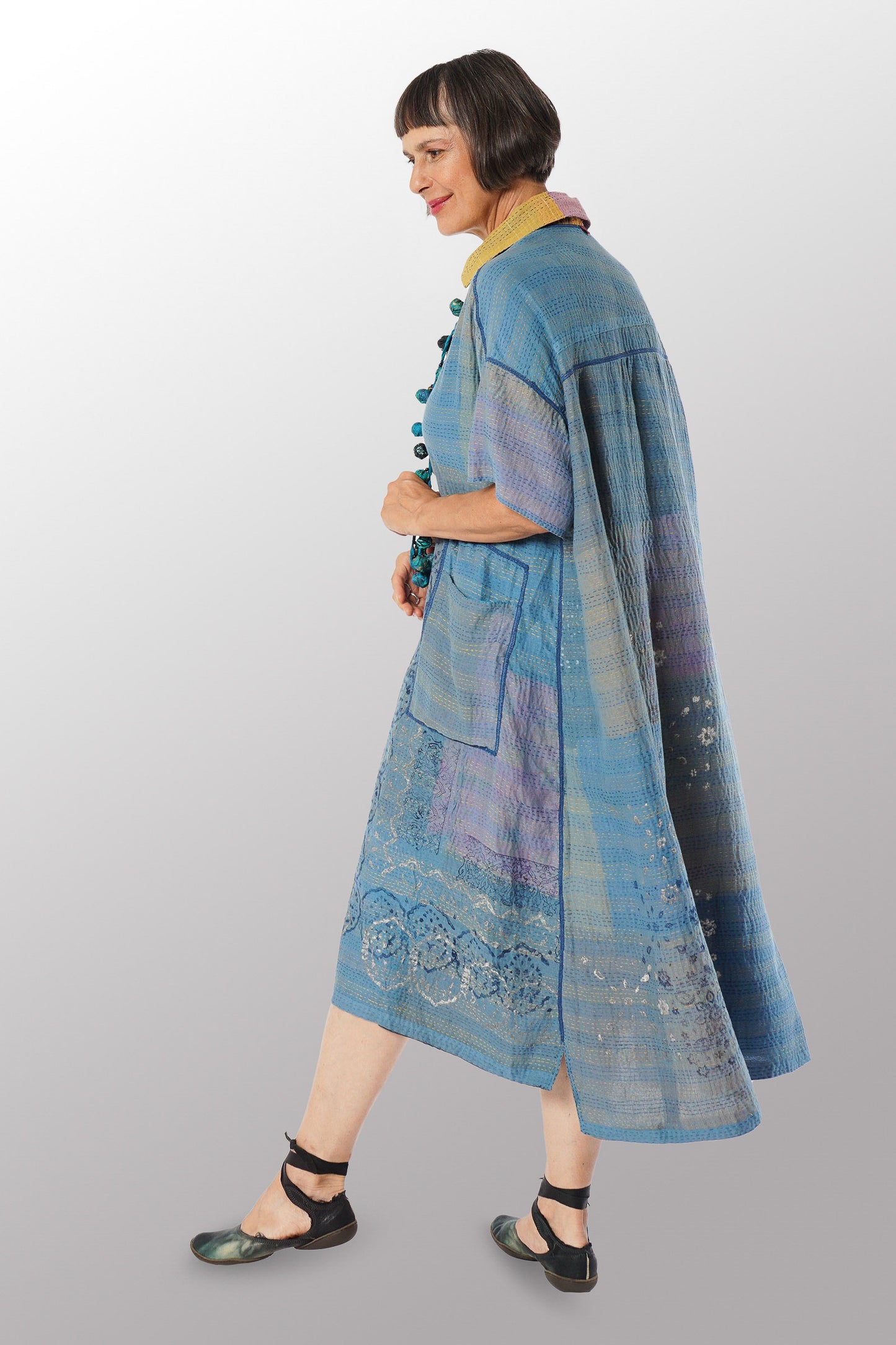 MOSAIC FRAY PATCH KANTHA WITH BLOCK WING COLLAR DRESS - zb2454-mlt -