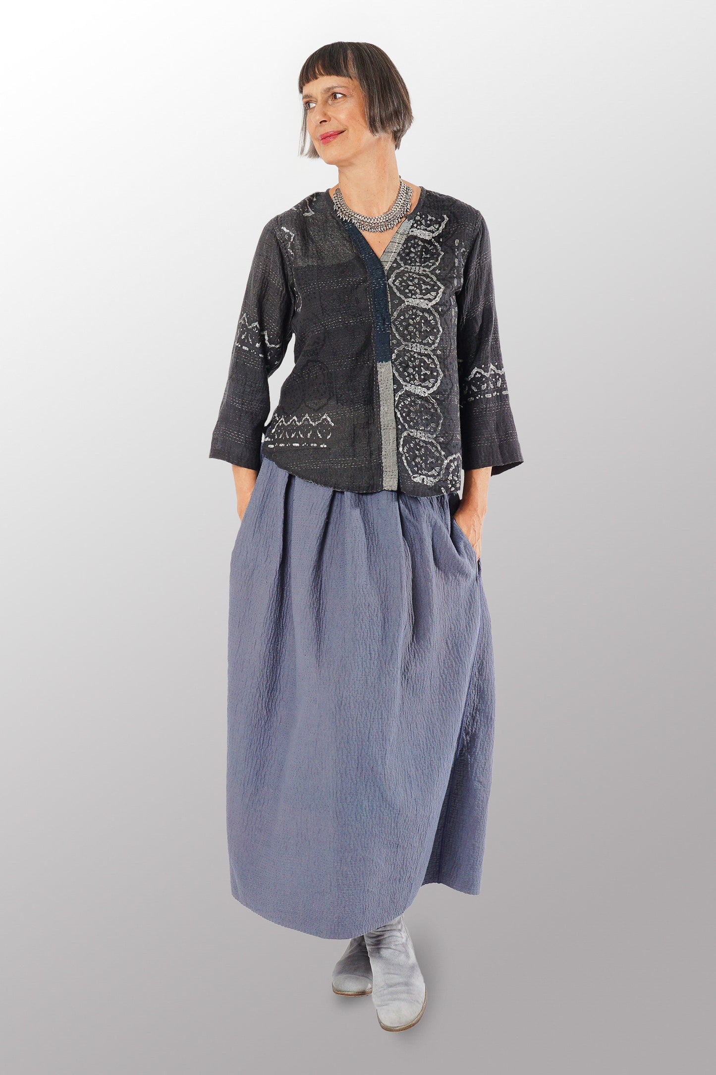 MOSAIC FRAY PATCH KANTHA KURTA TOP - zb2586-gry -