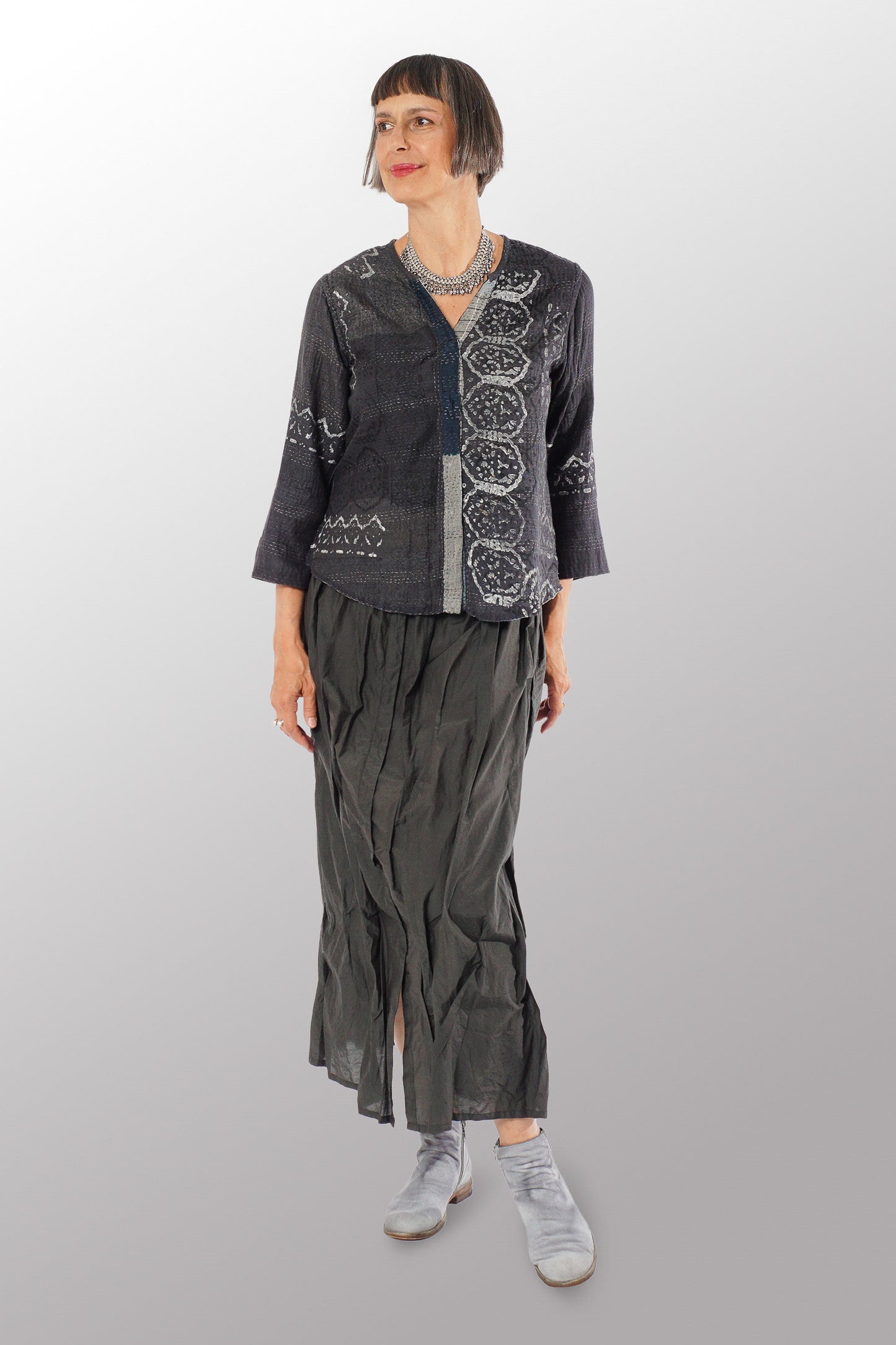 MOSAIC FRAY PATCH KANTHA KURTA TOP - zb2586-gry -