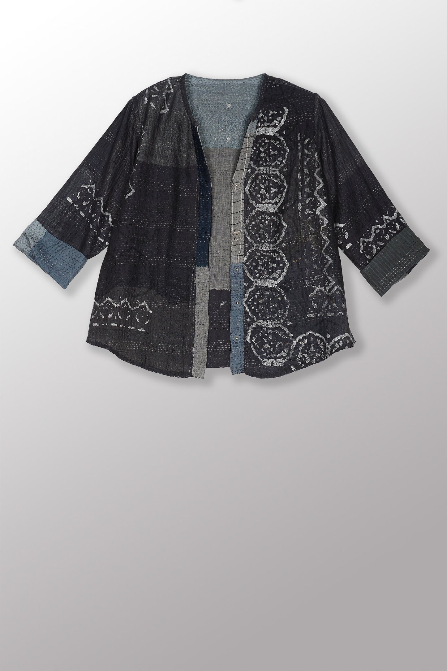 MOSAIC FRAY PATCH KANTHA KURTA TOP - zb2586-gry -