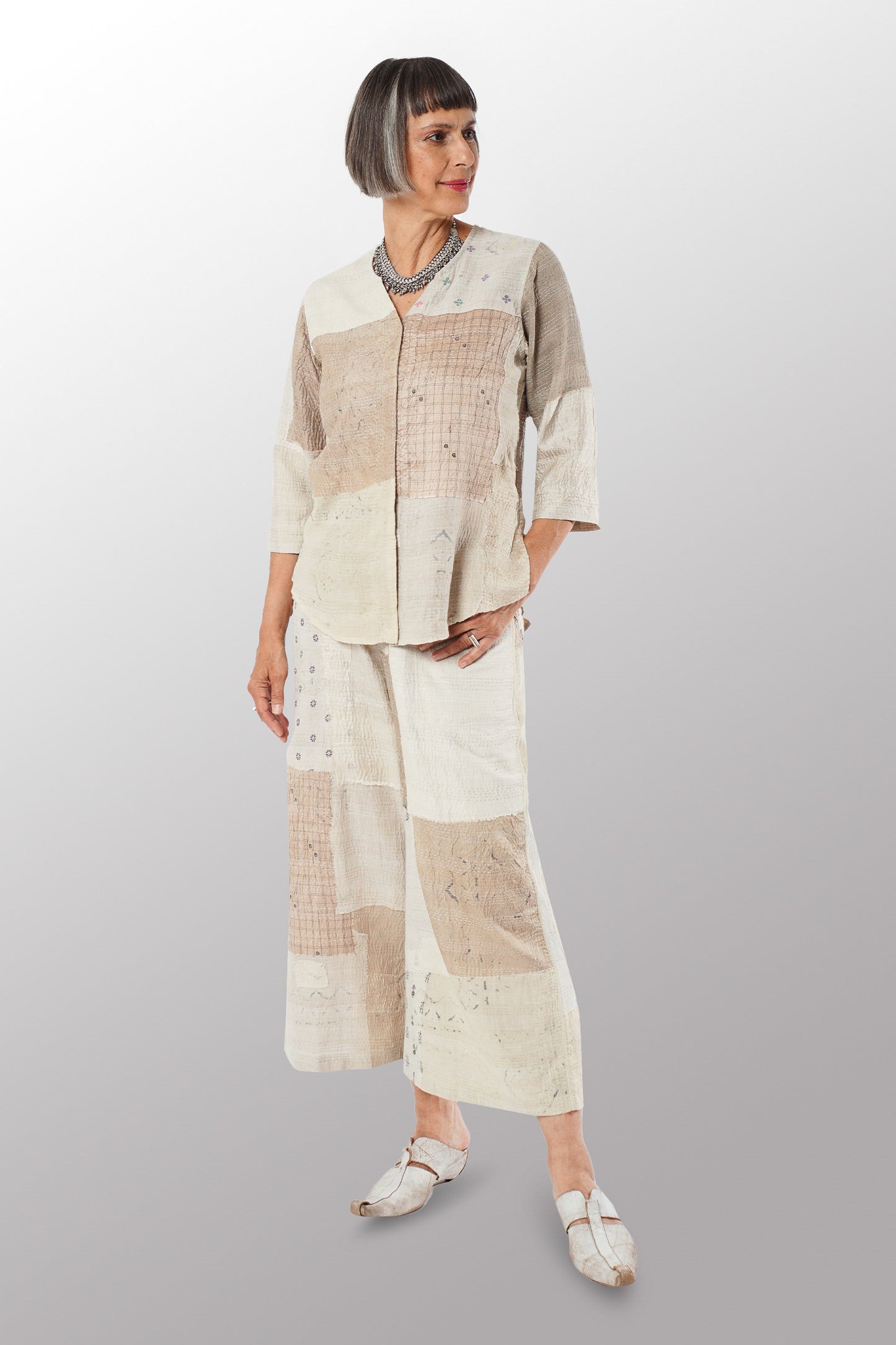 MOSAIC FRAY PATCH KANTHA KURTA TOP - zb2586-ivy -