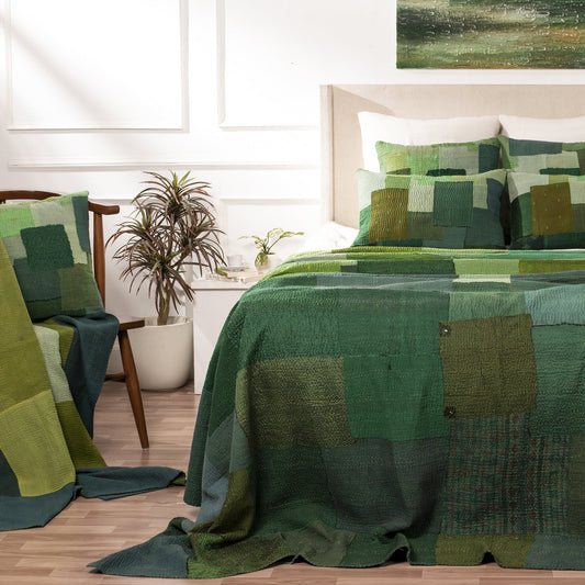 Landscape Handmade vintage Kantha Bed Cover - Green