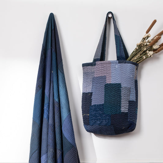 Landscape Handmade vintage Kantha Tote Bag - Navy