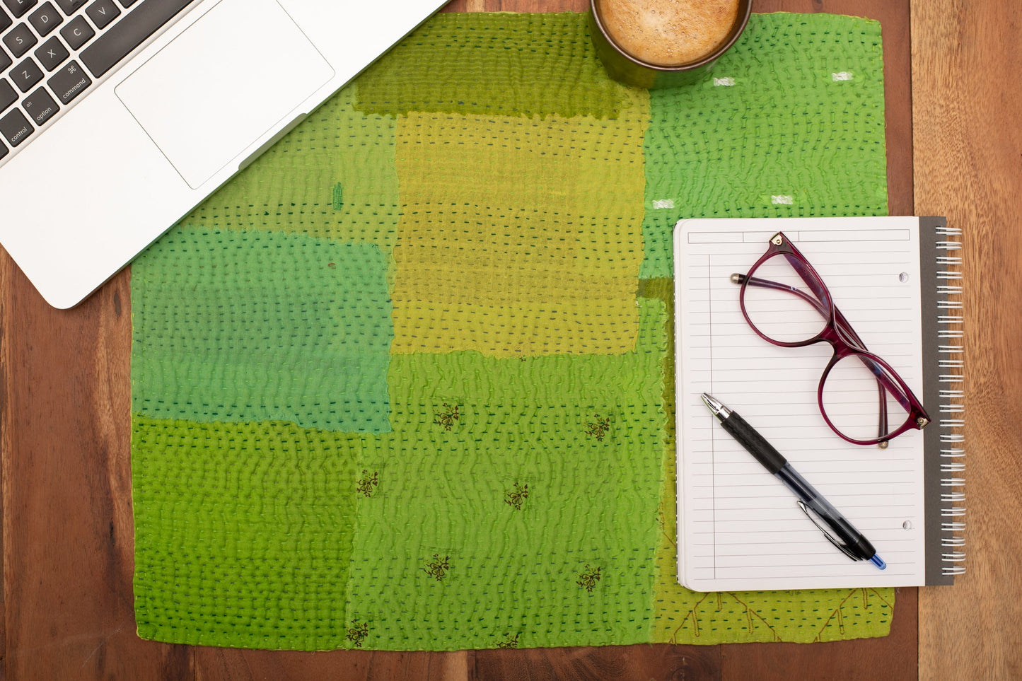 Mosaic Fray Handmade vintage Kantha Placemat - Lime Green (Set of 2)